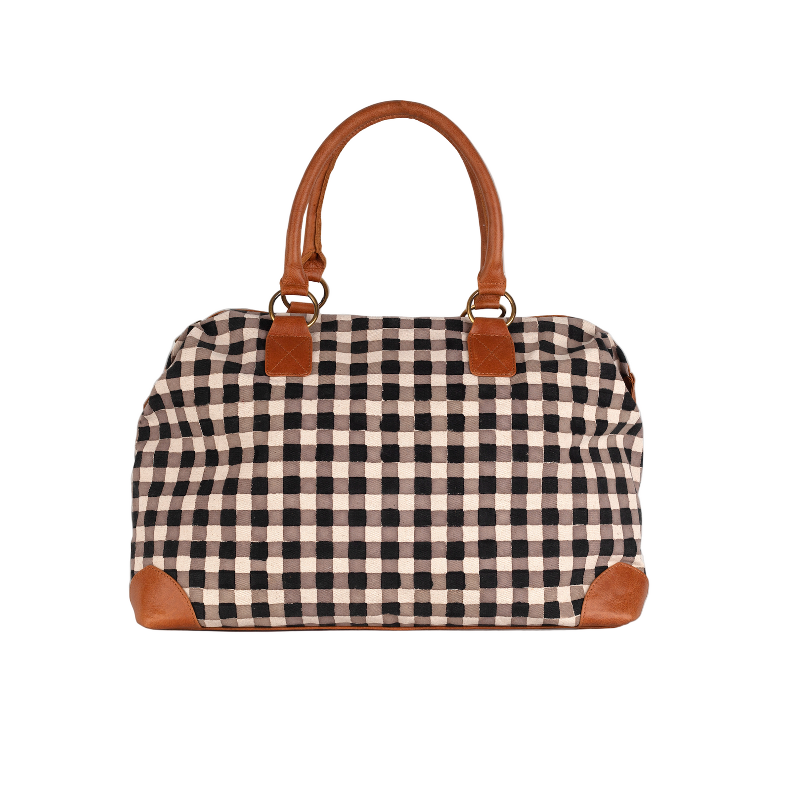 Checkered handbag with brown handles and trim on a white background