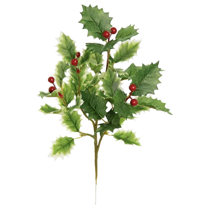 artificial holly branch green/cream with red berries