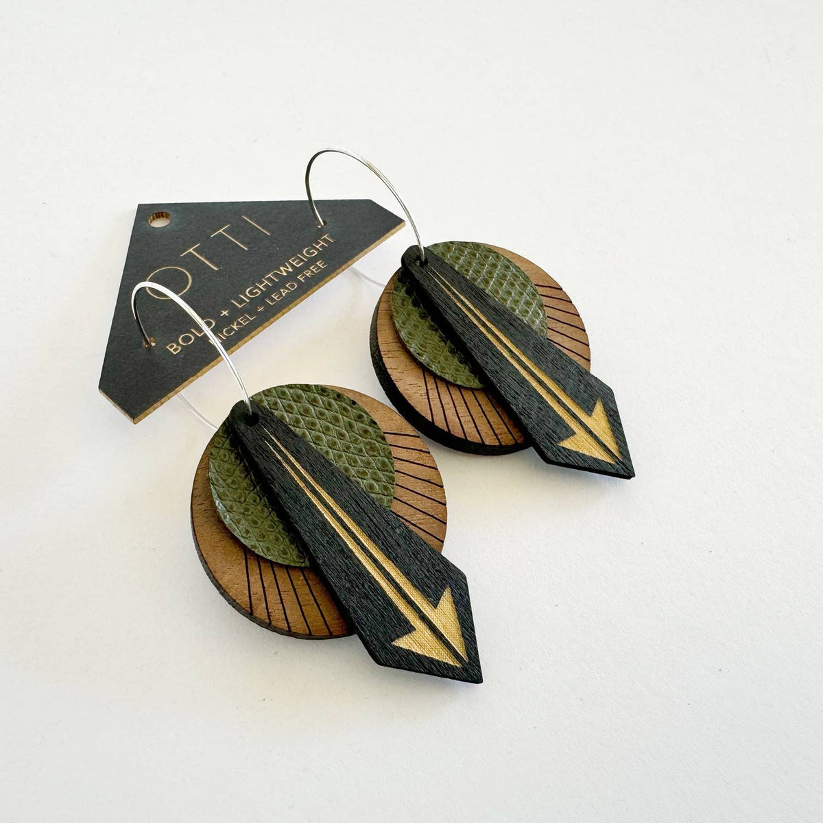Architectural Leather + Birch earring: Arrow Walnut Olive