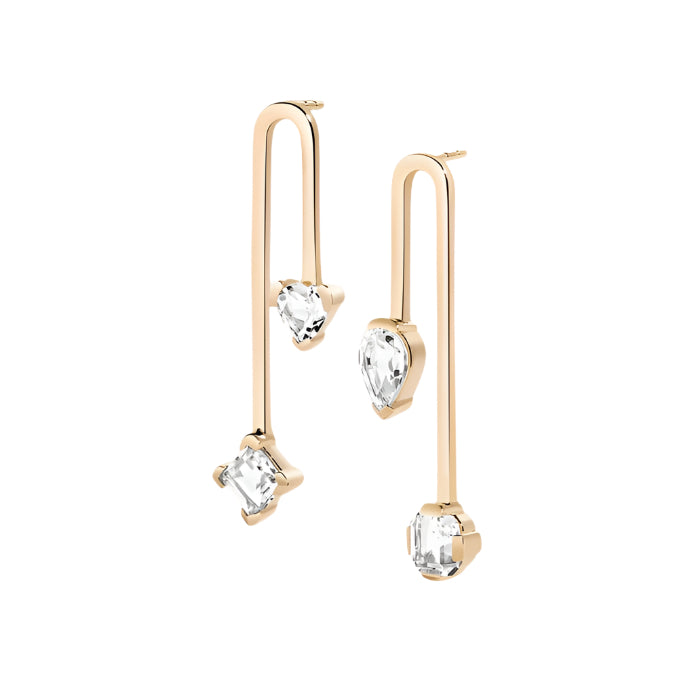 A pair of 18K gold vermeil stud earrings with white topaz gemstones, designed in a modern style with the gemstones positioned at the bottom of a sleek, curved hook.