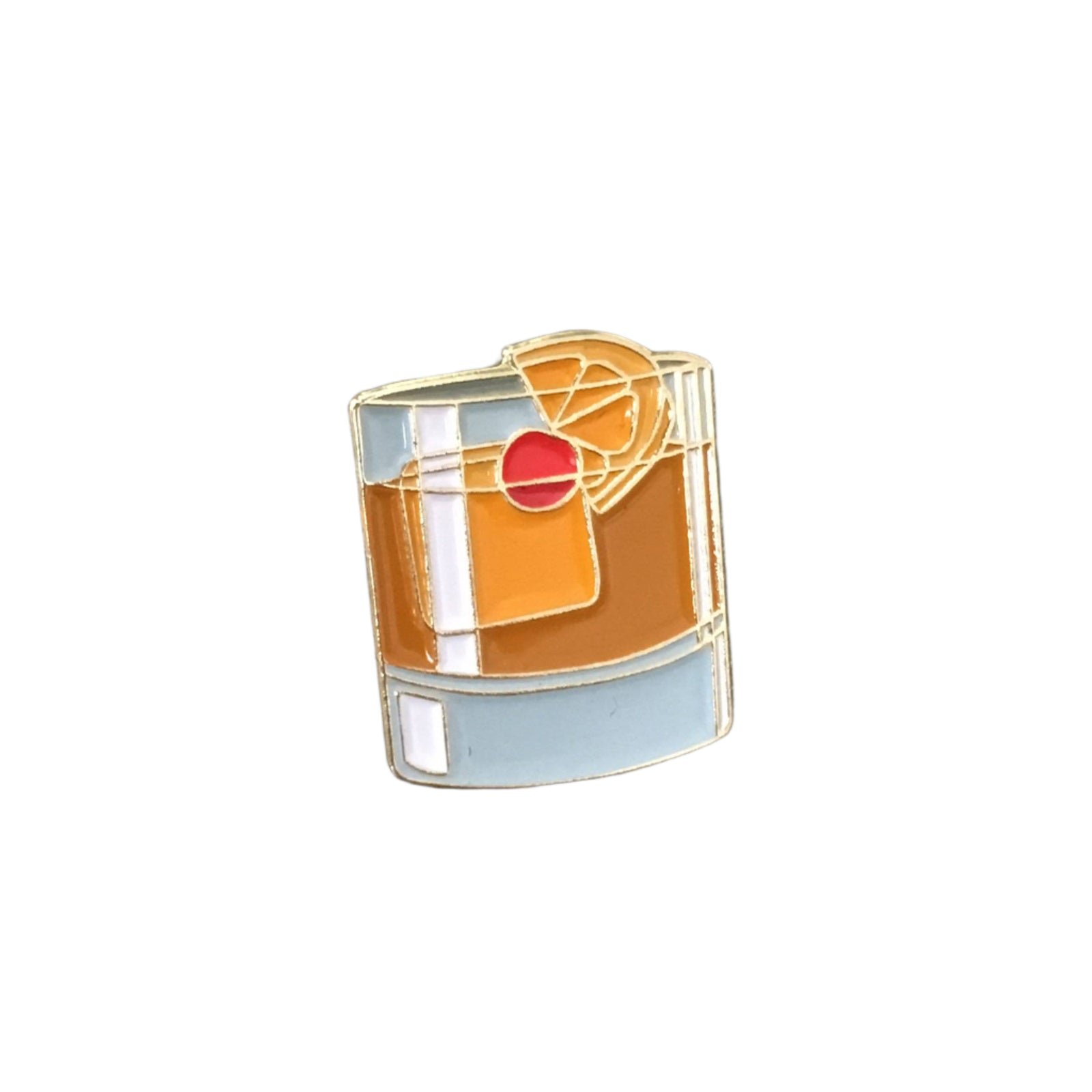 Enamel pin of a cocktail with an orange slice and cherry