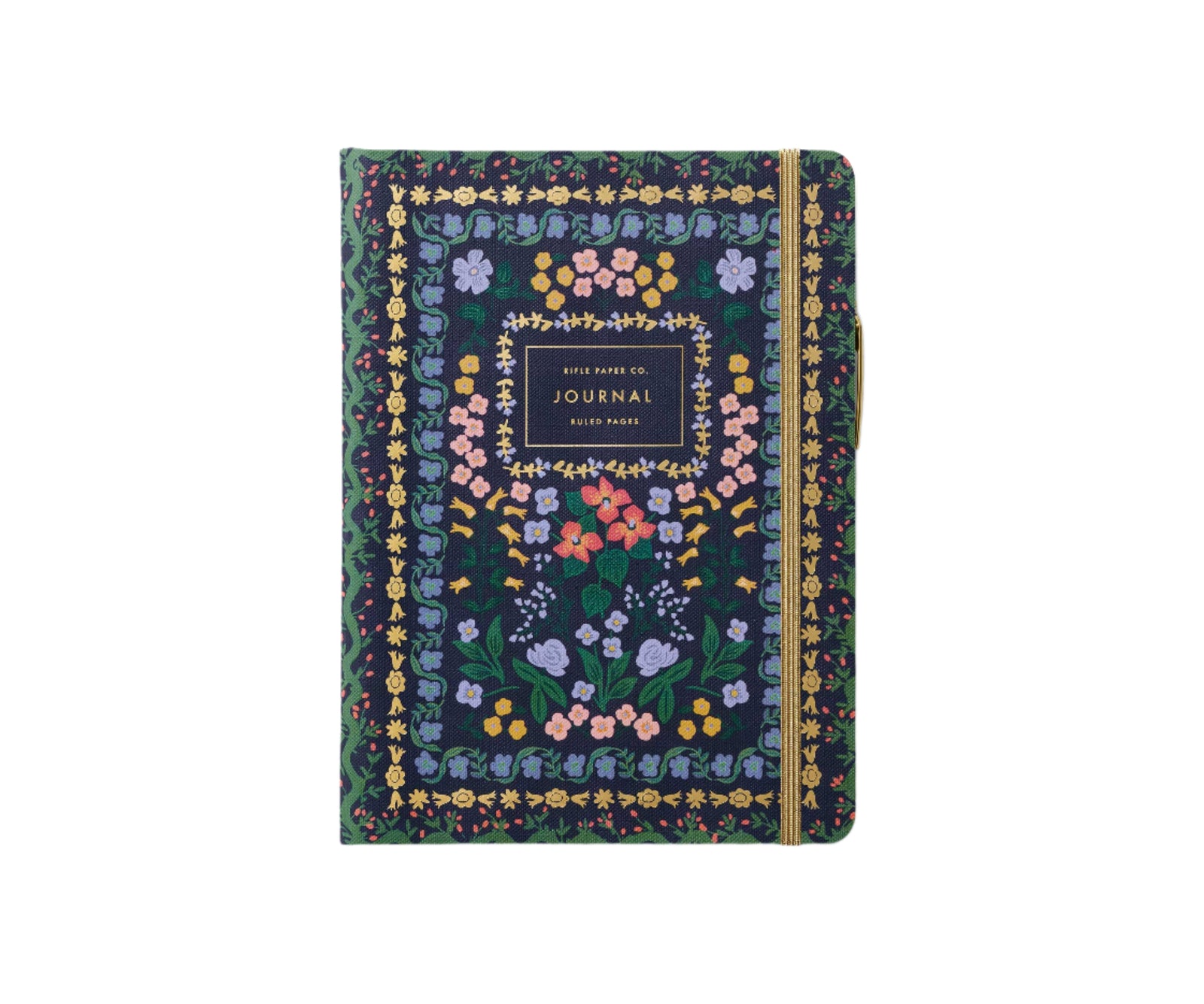 Floral (navy blue, pink, light blue, yellow) patterned journal on a white background