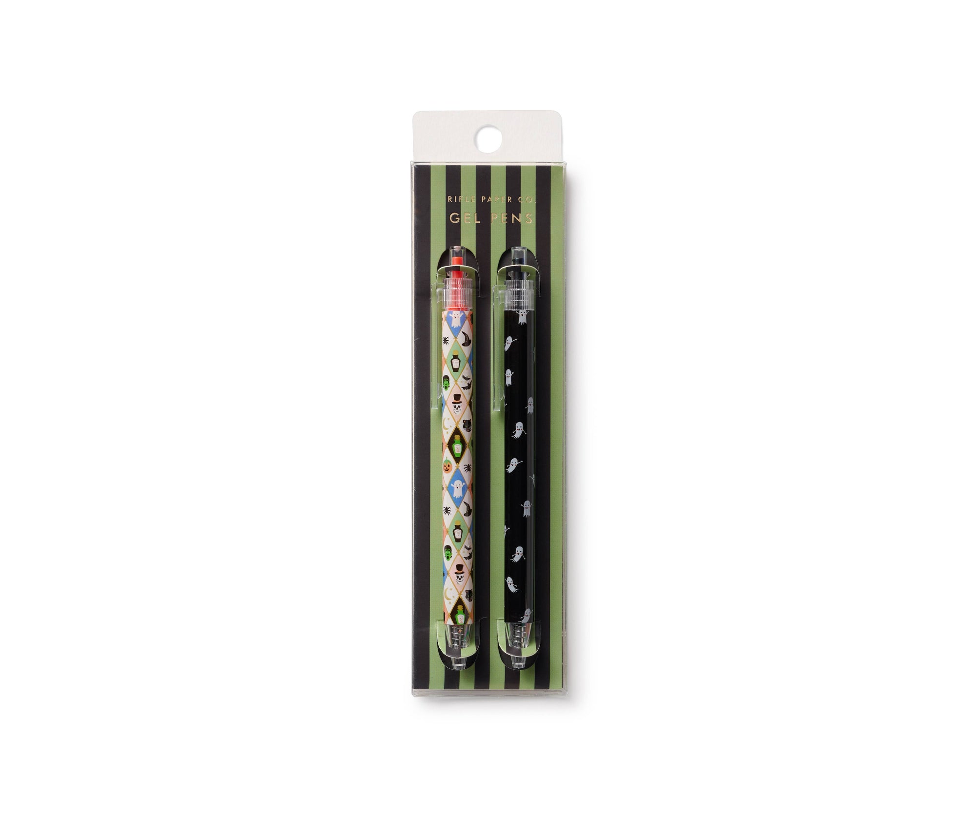 Two Halloween themed pens with decorative caps in a green and white striped packaging on a white background