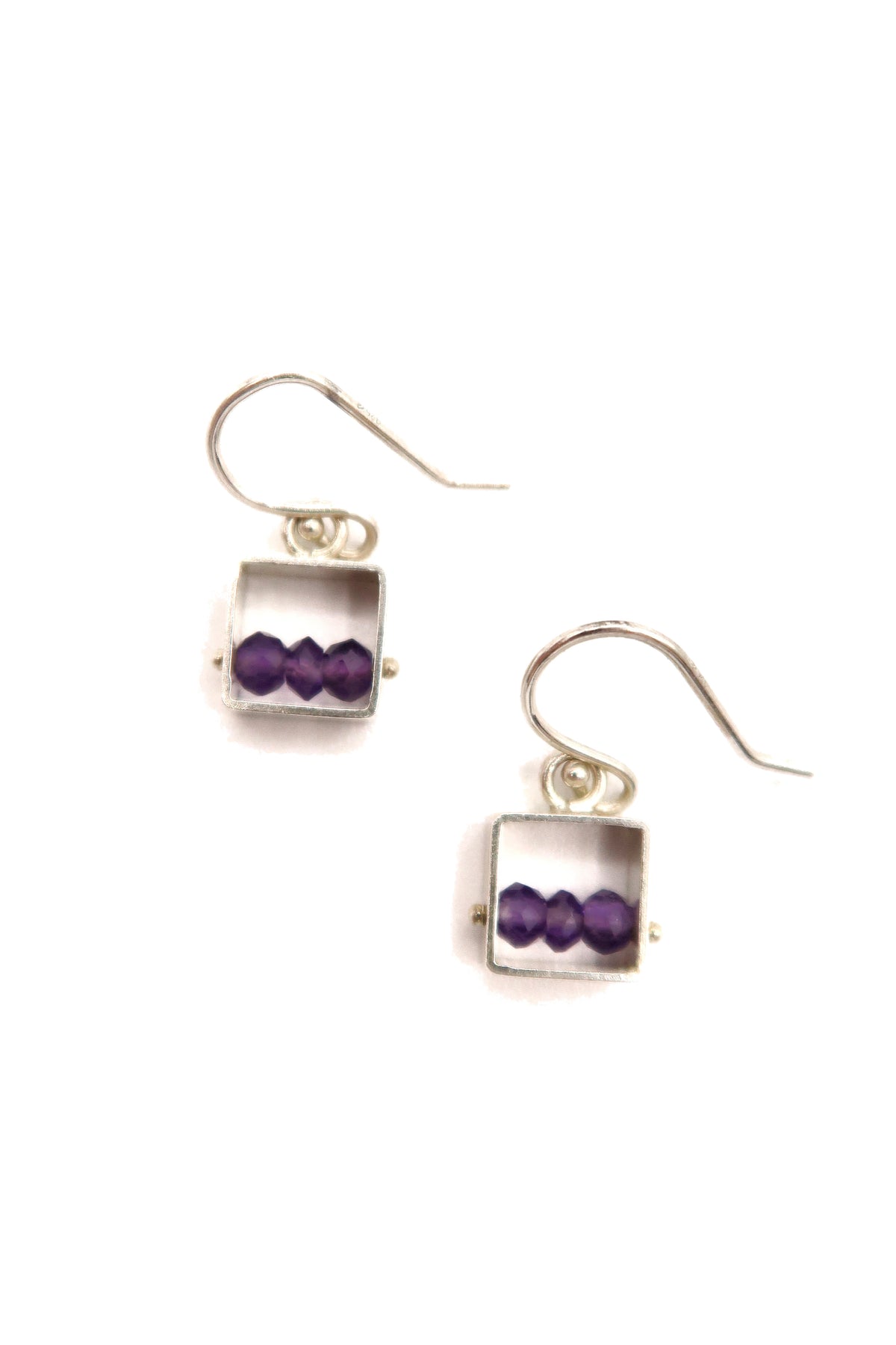 Mini Square Earrings Short Dangle Amethyst Brushed Silver