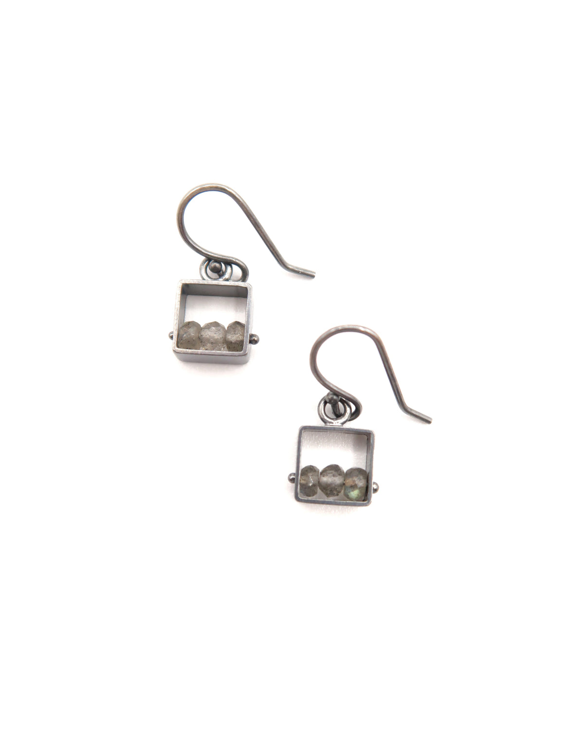 Mini Square Earrings Short Dangle Labradorite Oxidize Silver