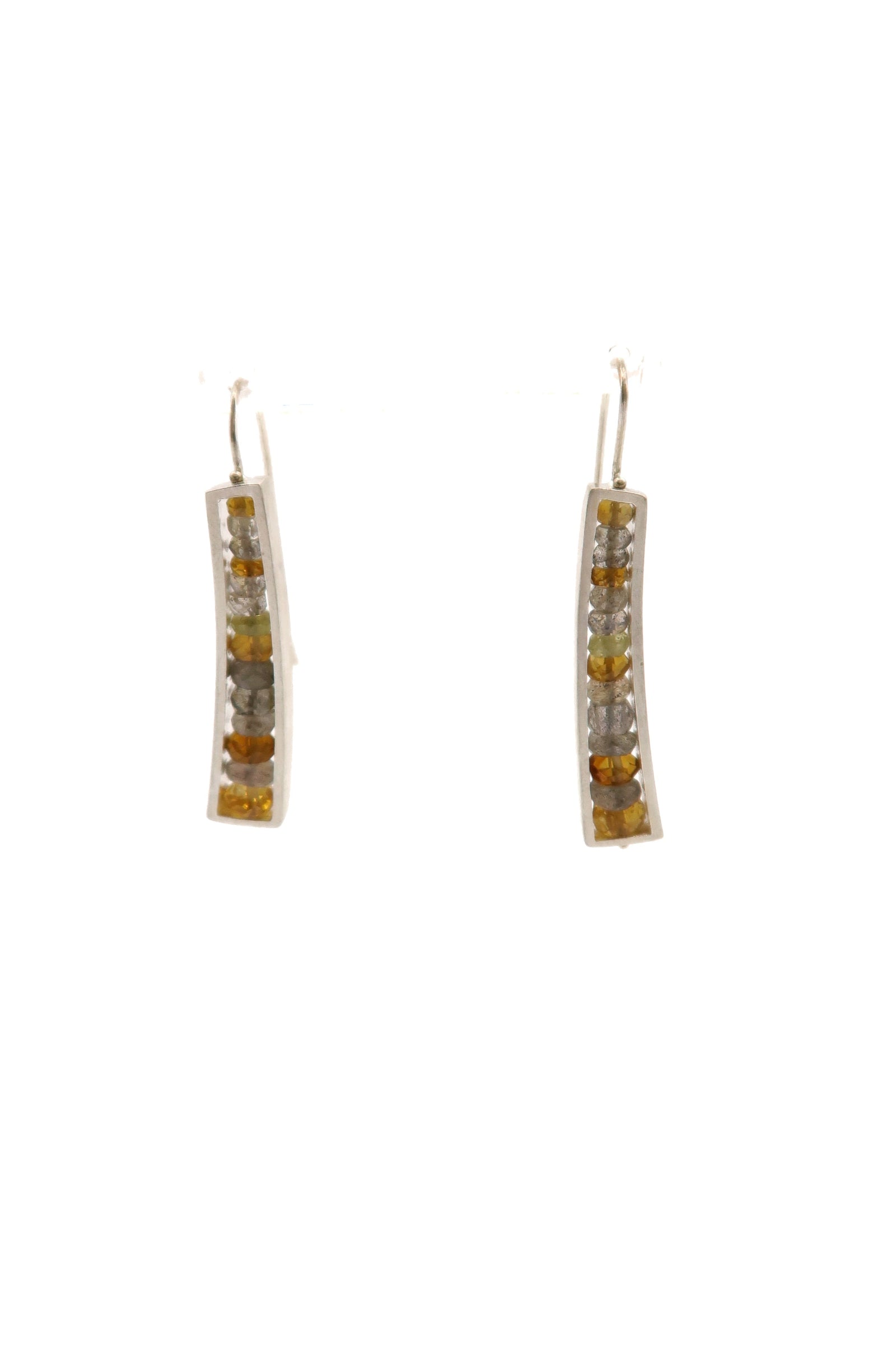 Pair of earrings with rectangular gemstones on a white background