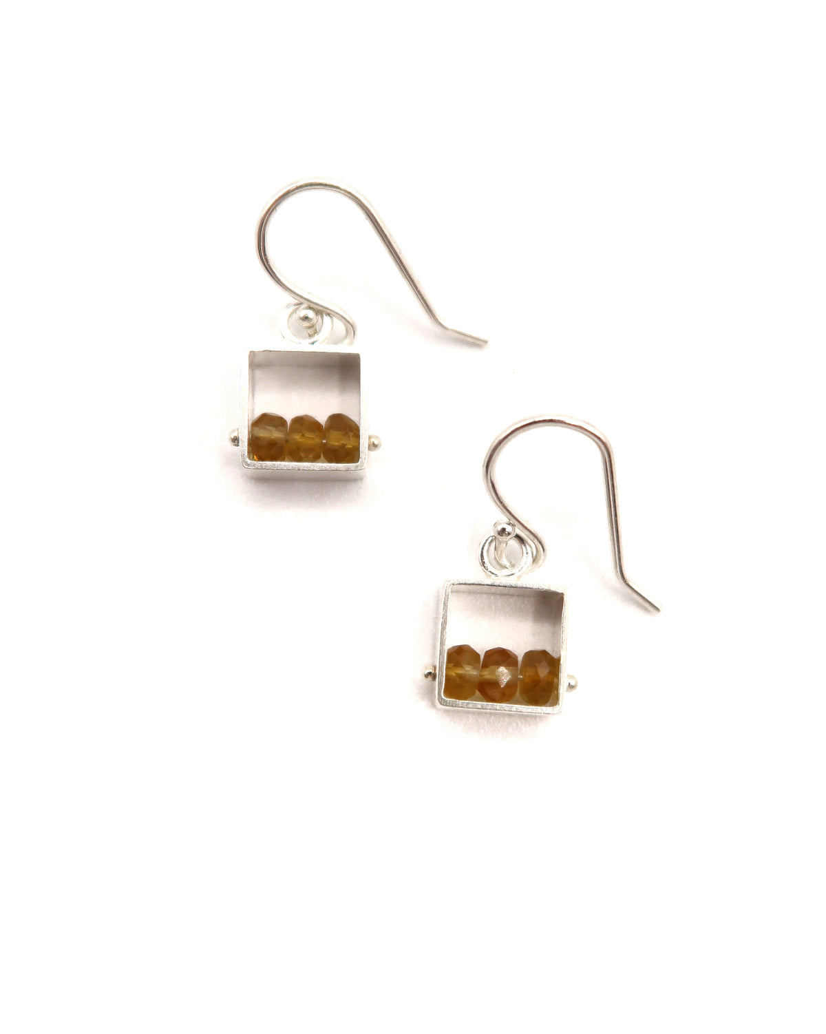 Mini Square Earrings Short Dangle Citrine Brushed Silver