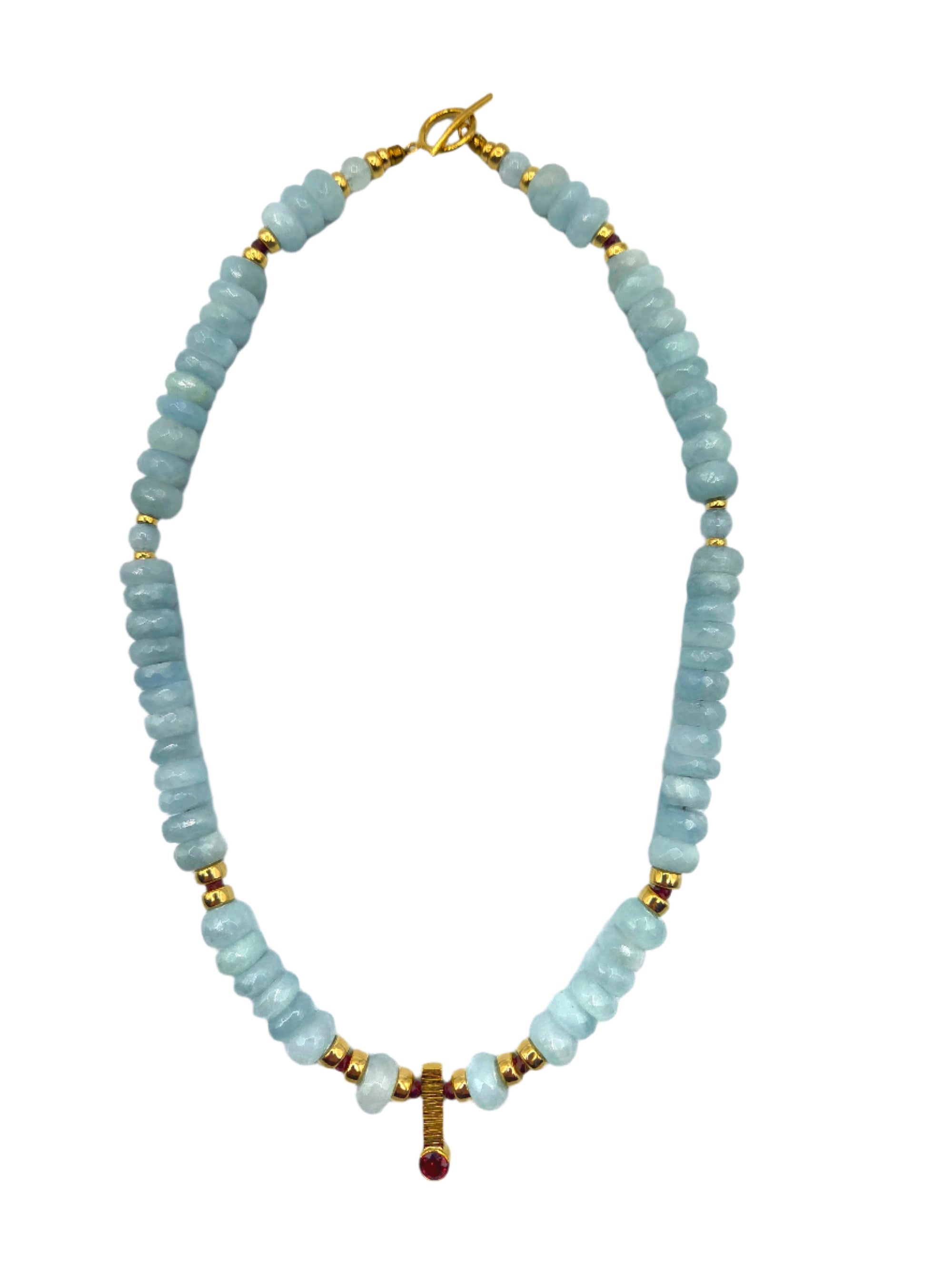 Necklace with light blue beads and gold accents on a white background