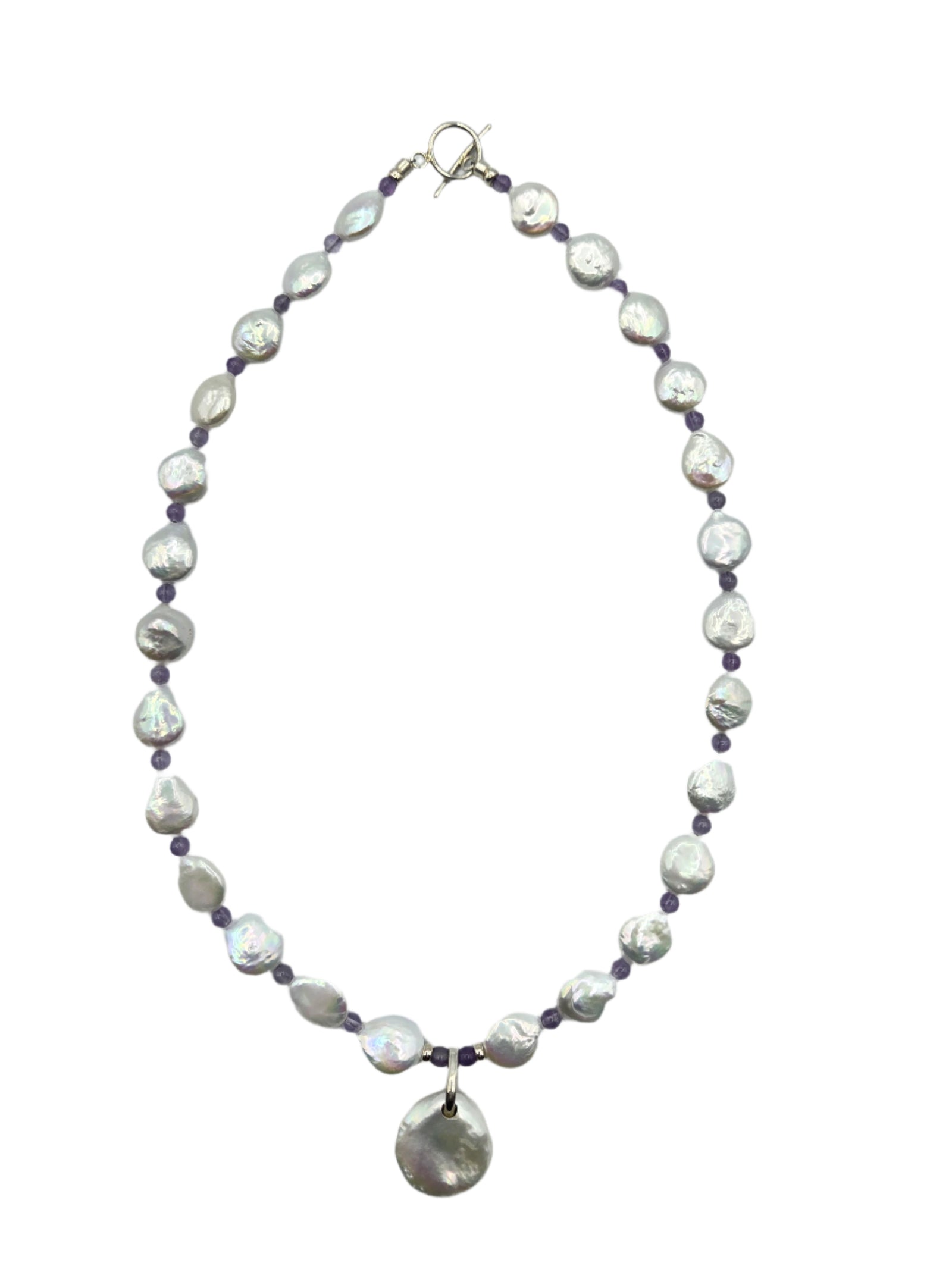 Pearl necklace with a silver clasp and purple beads