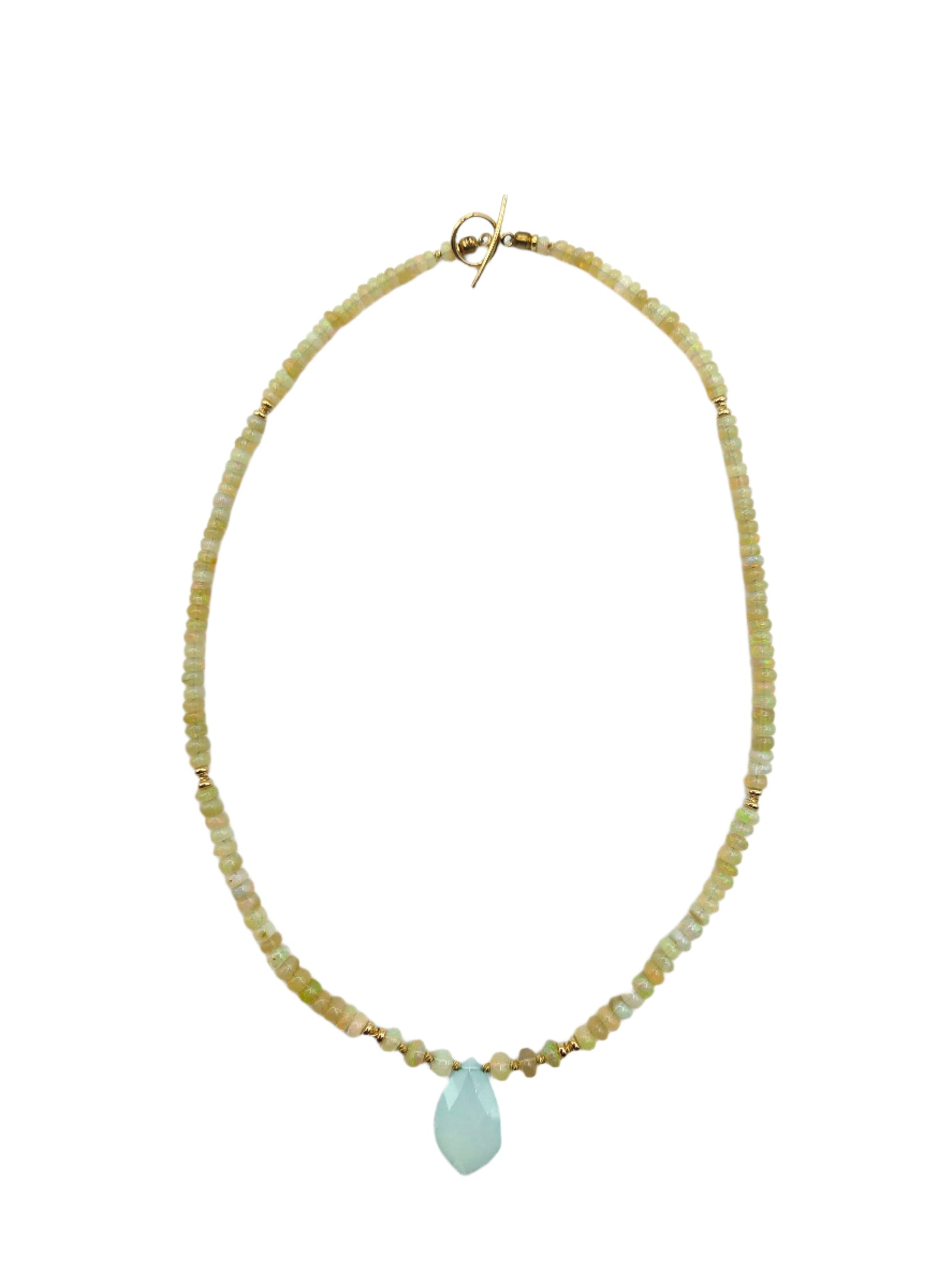Necklace with a light blue teardrop pendant on a white background
