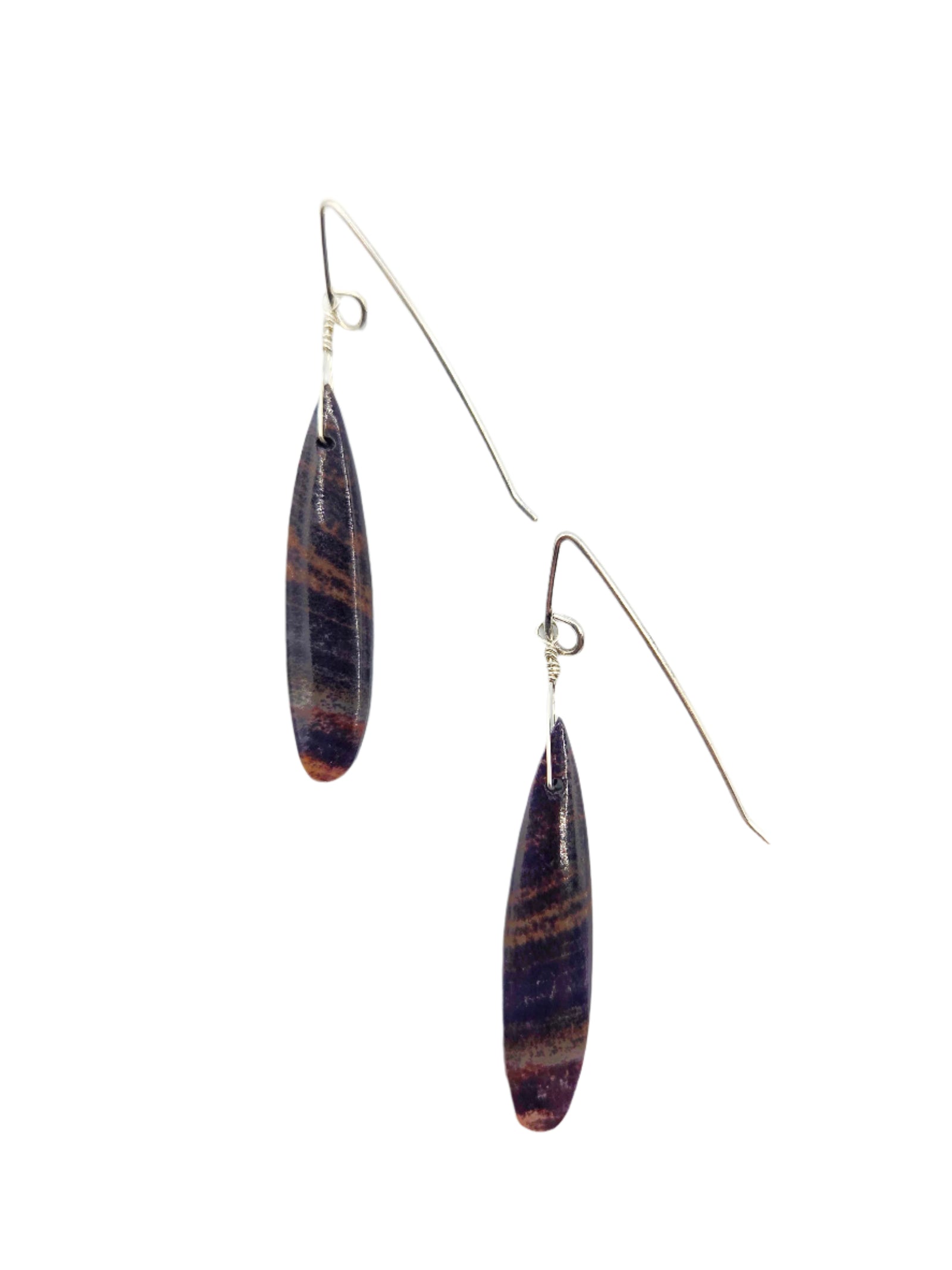 Pair of purple stone earrings on a white background