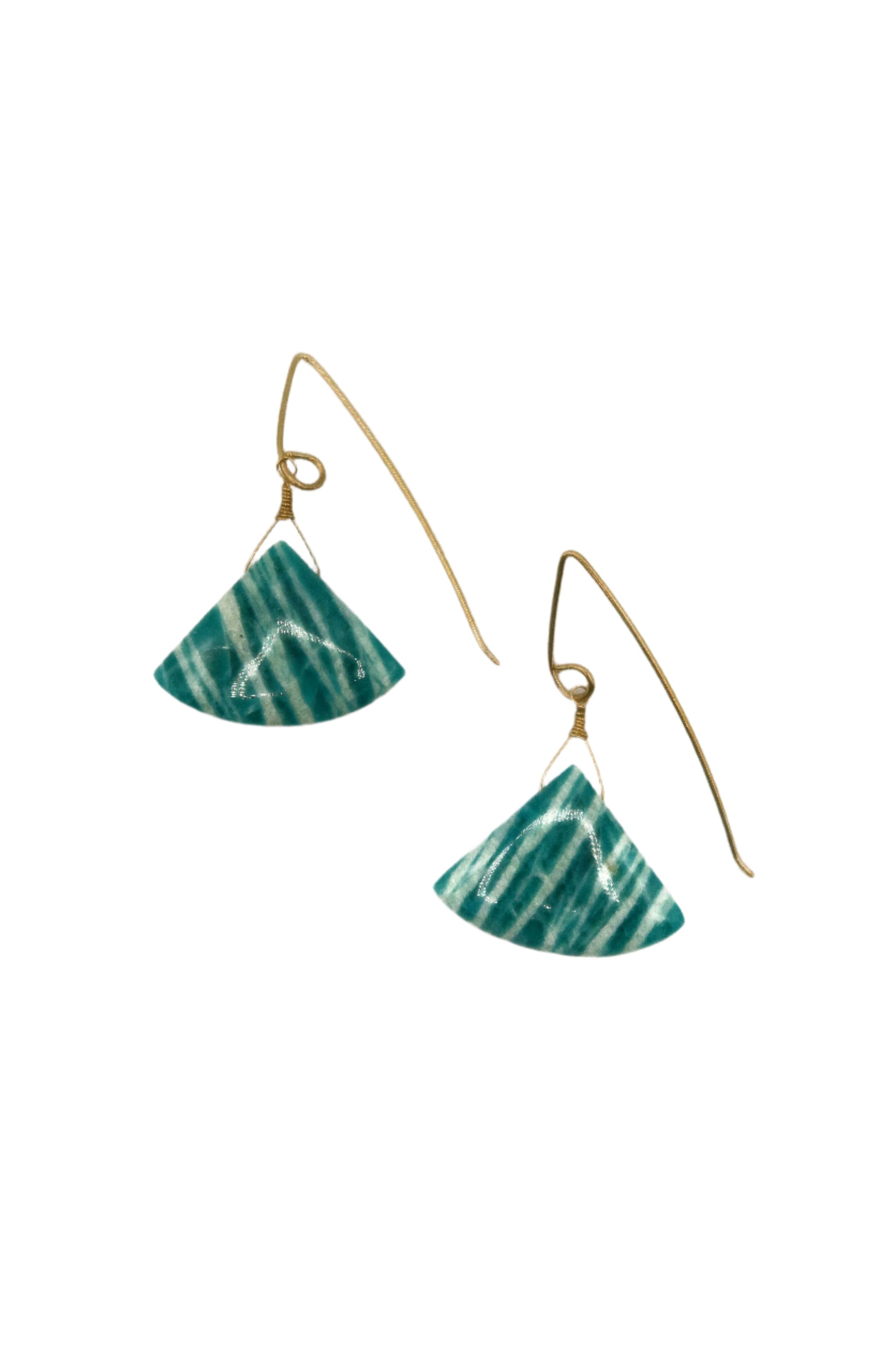 Teal marbled triangle earrings on gold hooks against a white background