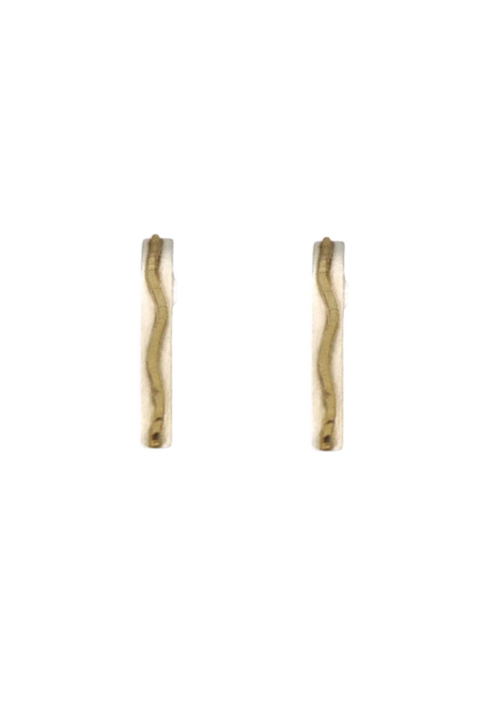 Silver stick earrings with a gold accent squiggle down the middle.