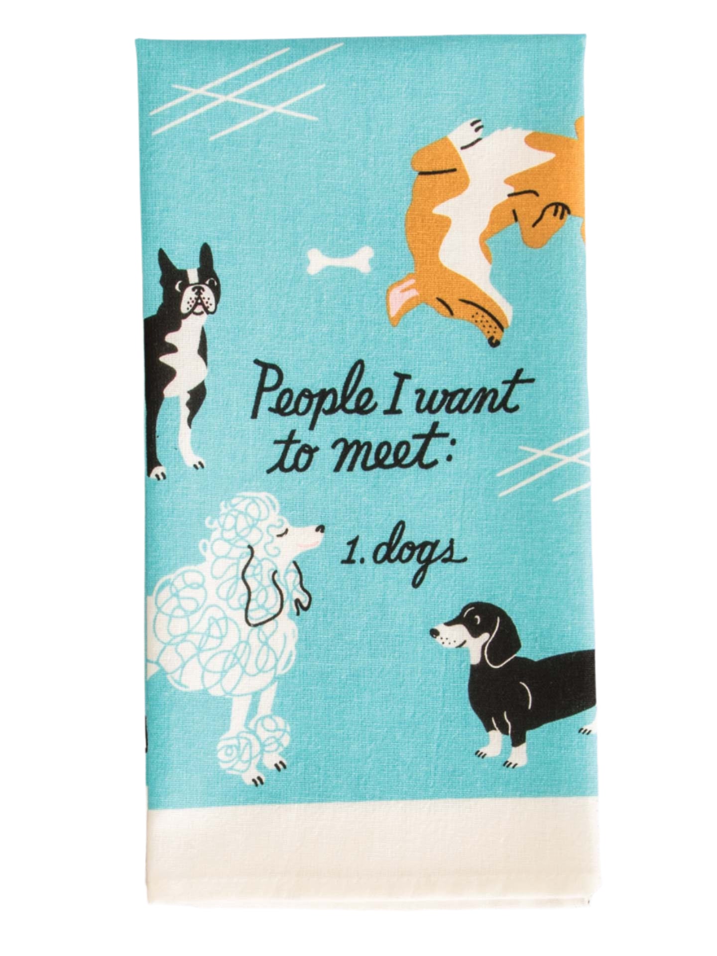 Tea towel with dog illustrations and text on a blue background