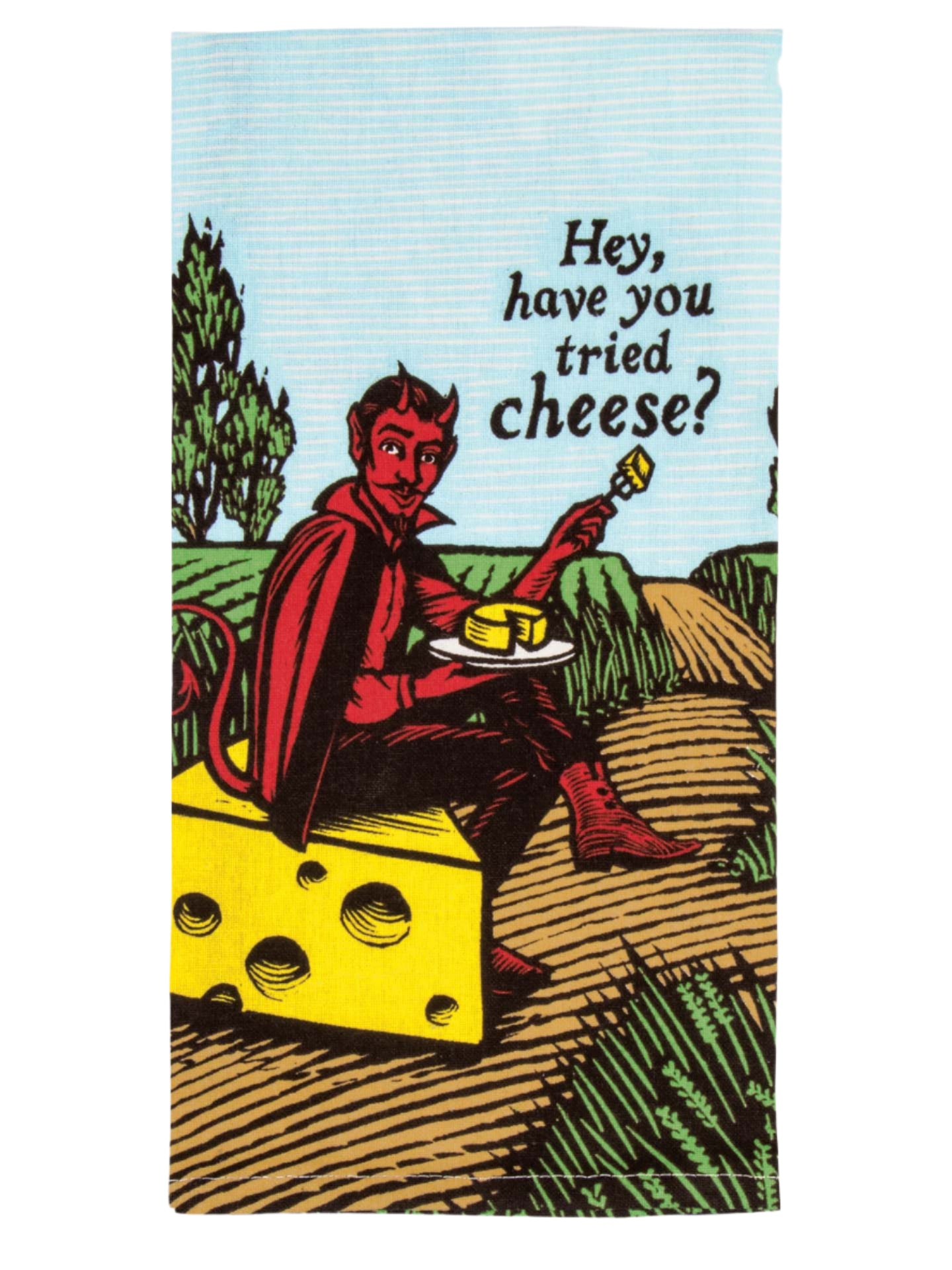 Towel with a red devil sitting on a block of cheese with text 'Hey, have you tried cheese?'