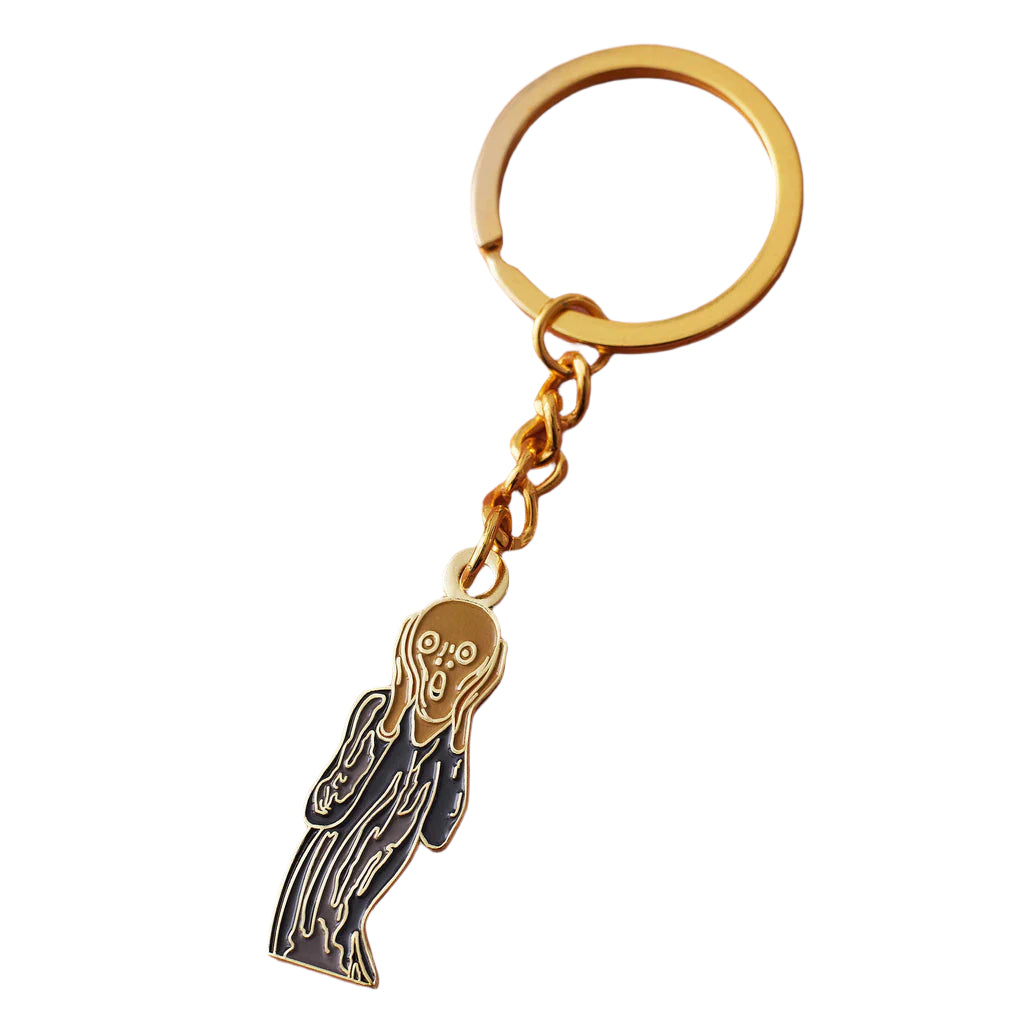 Gold keychain with Munch's The Scream on a white background