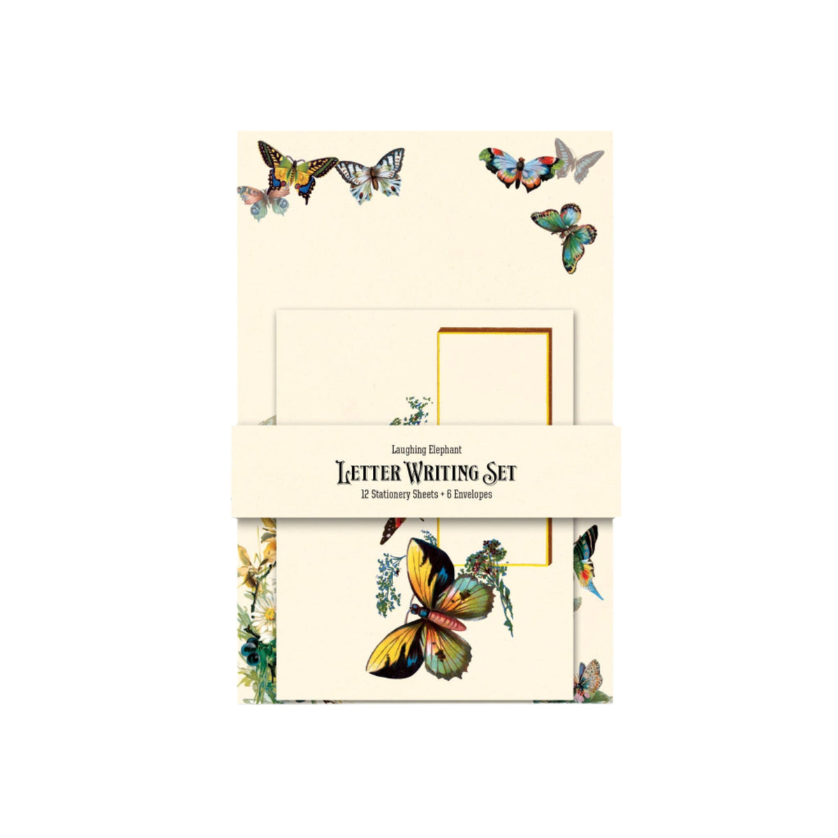 Letter writing set with butterfly designs on a light gray background
