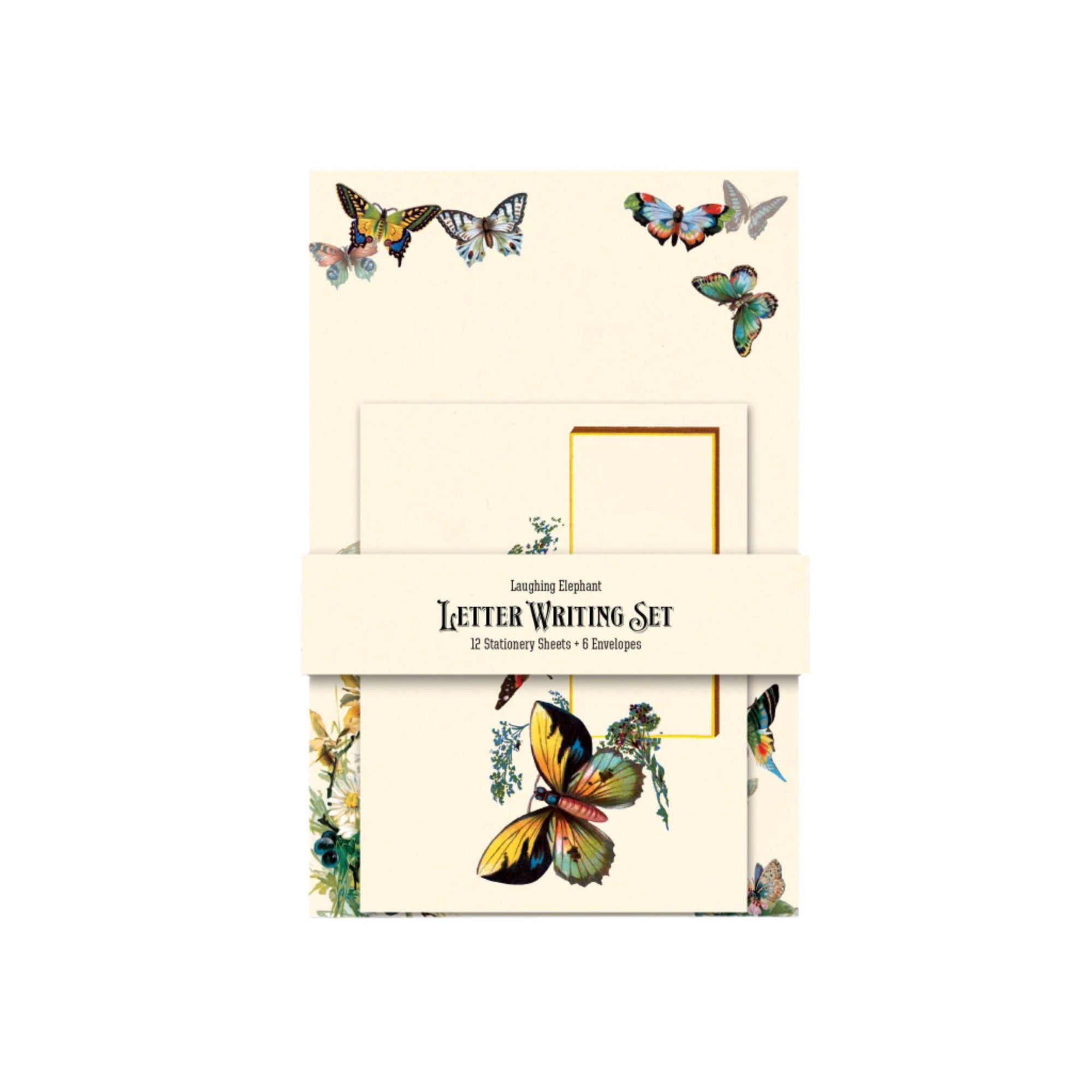 Letter writing set with butterfly designs on a light gray background