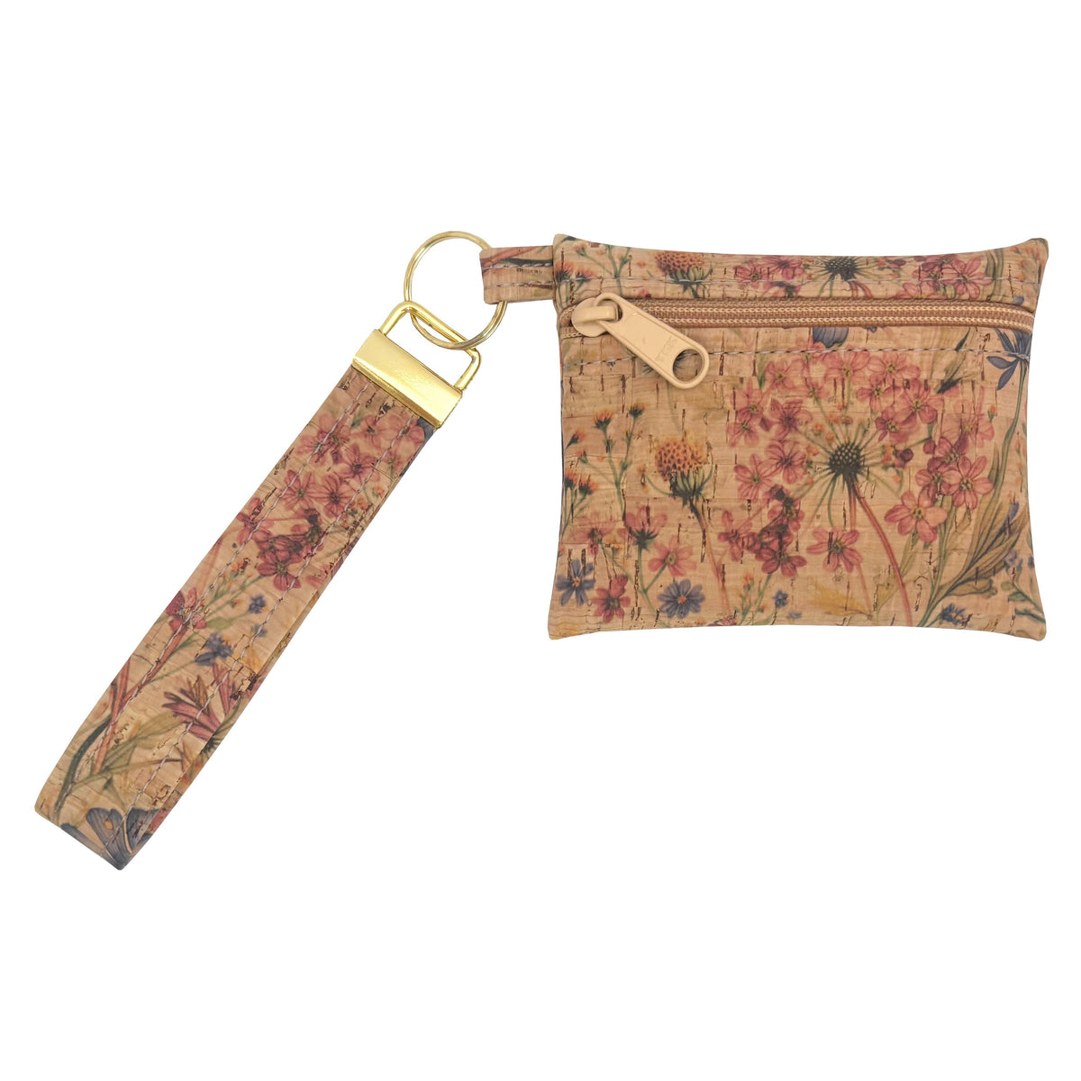 Cork Zip Pouch, Key Ring, Wristlet Strap | Wildflower Whimsy