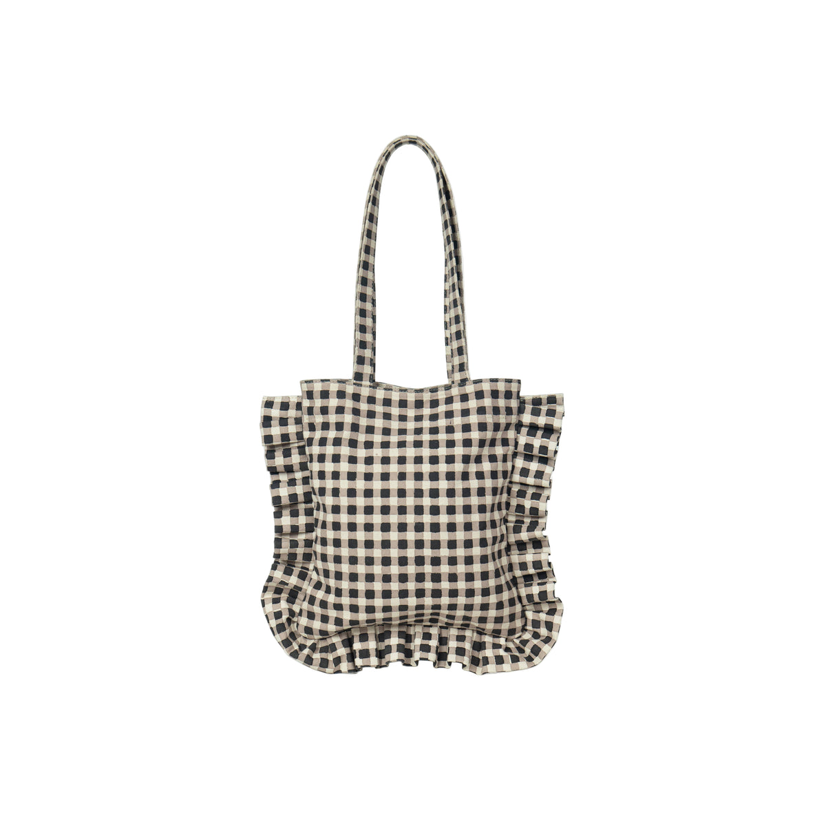 Checkered bag with ruffled details on a white background