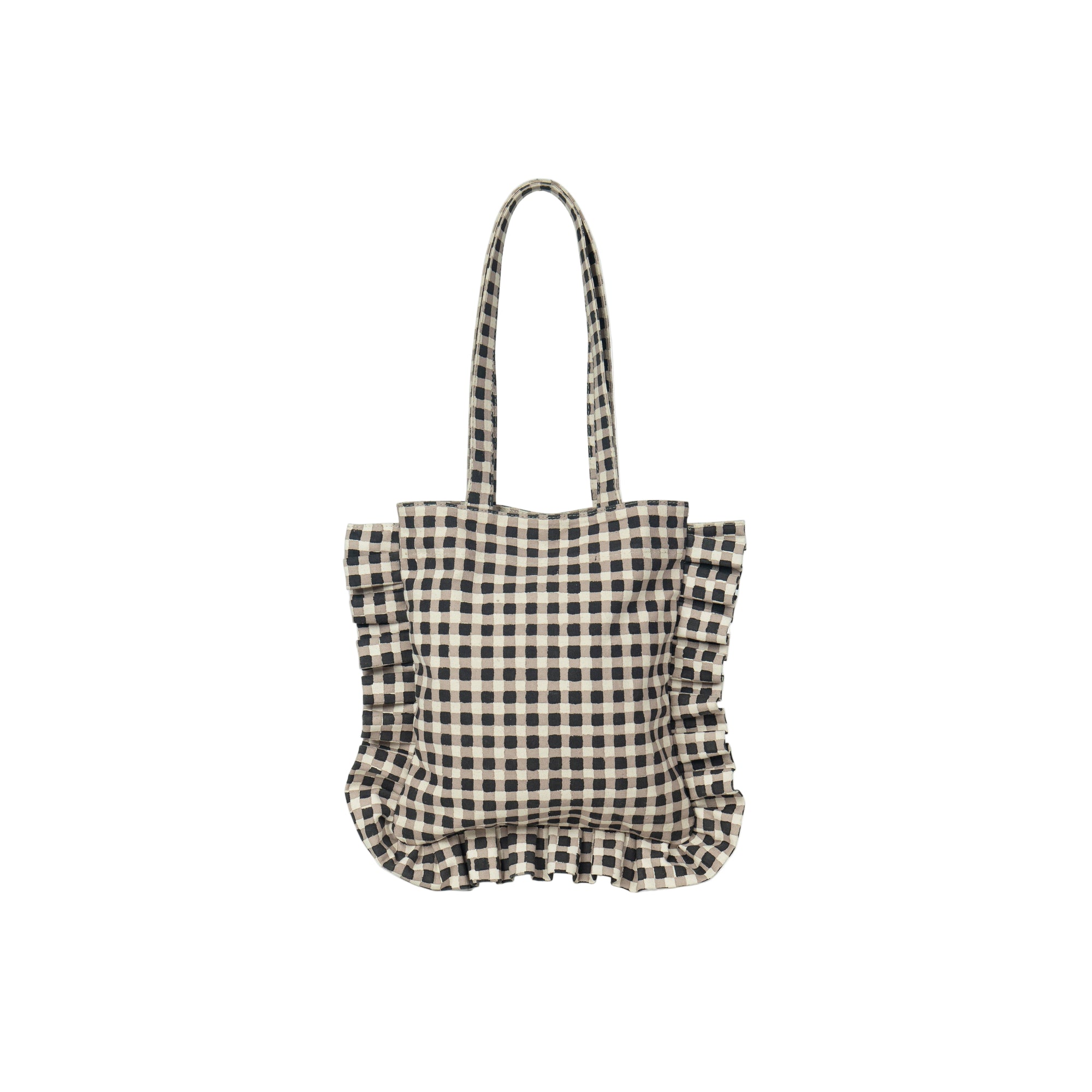 Checkered bag with ruffled details on a white background