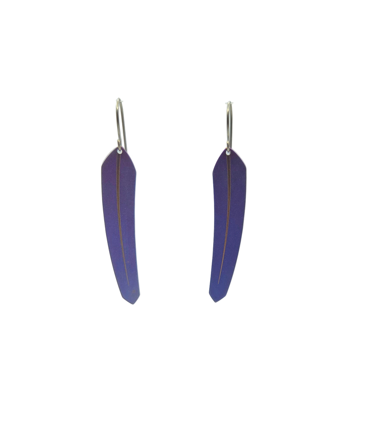 Purple feather-shaped earrings on a white background