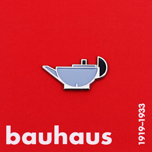 Bauhaus logo with a teapot design on a red background