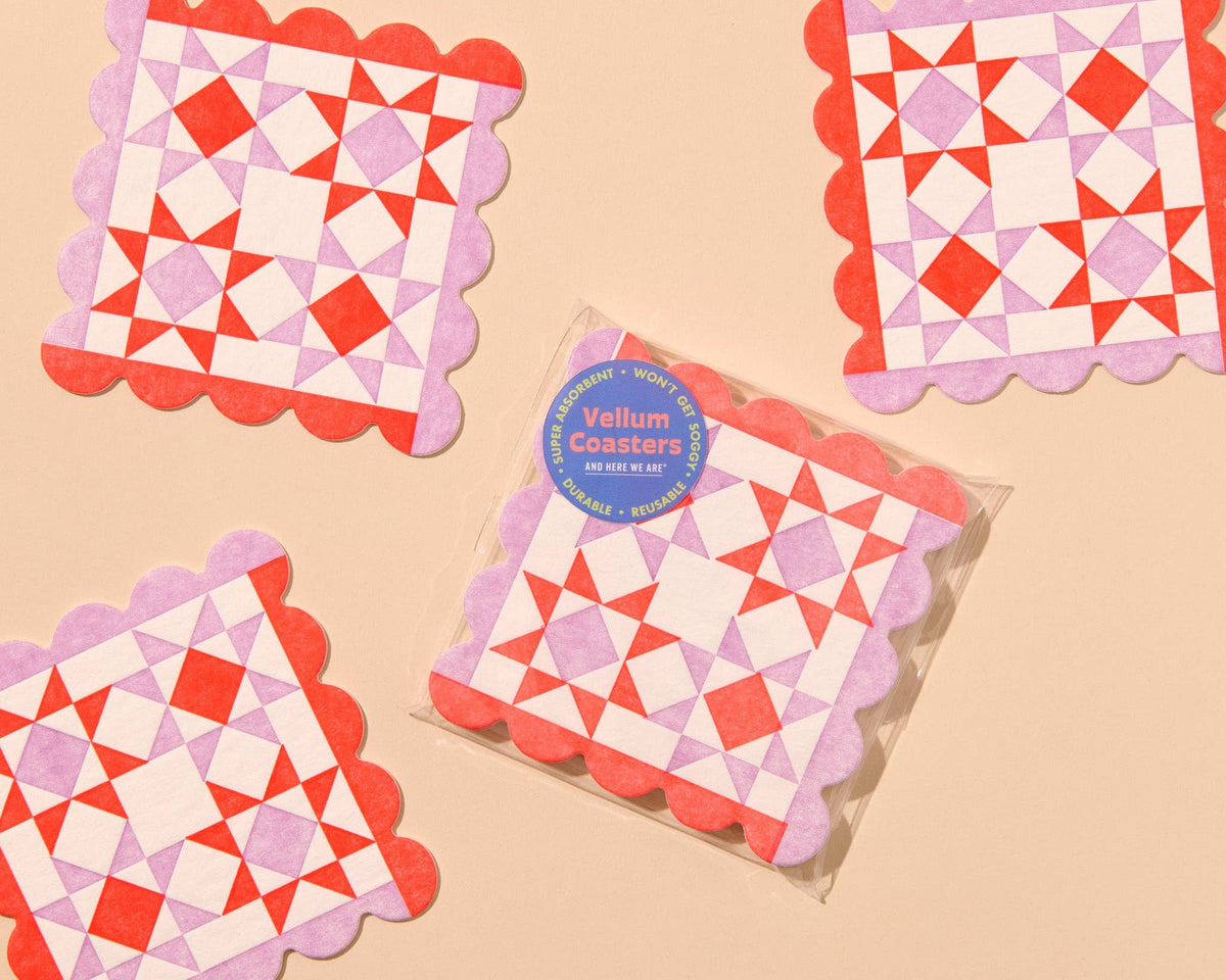 Mod Quilt Scalloped Letterpress Vellum Coasters - Red/Lilac (Set of 4)