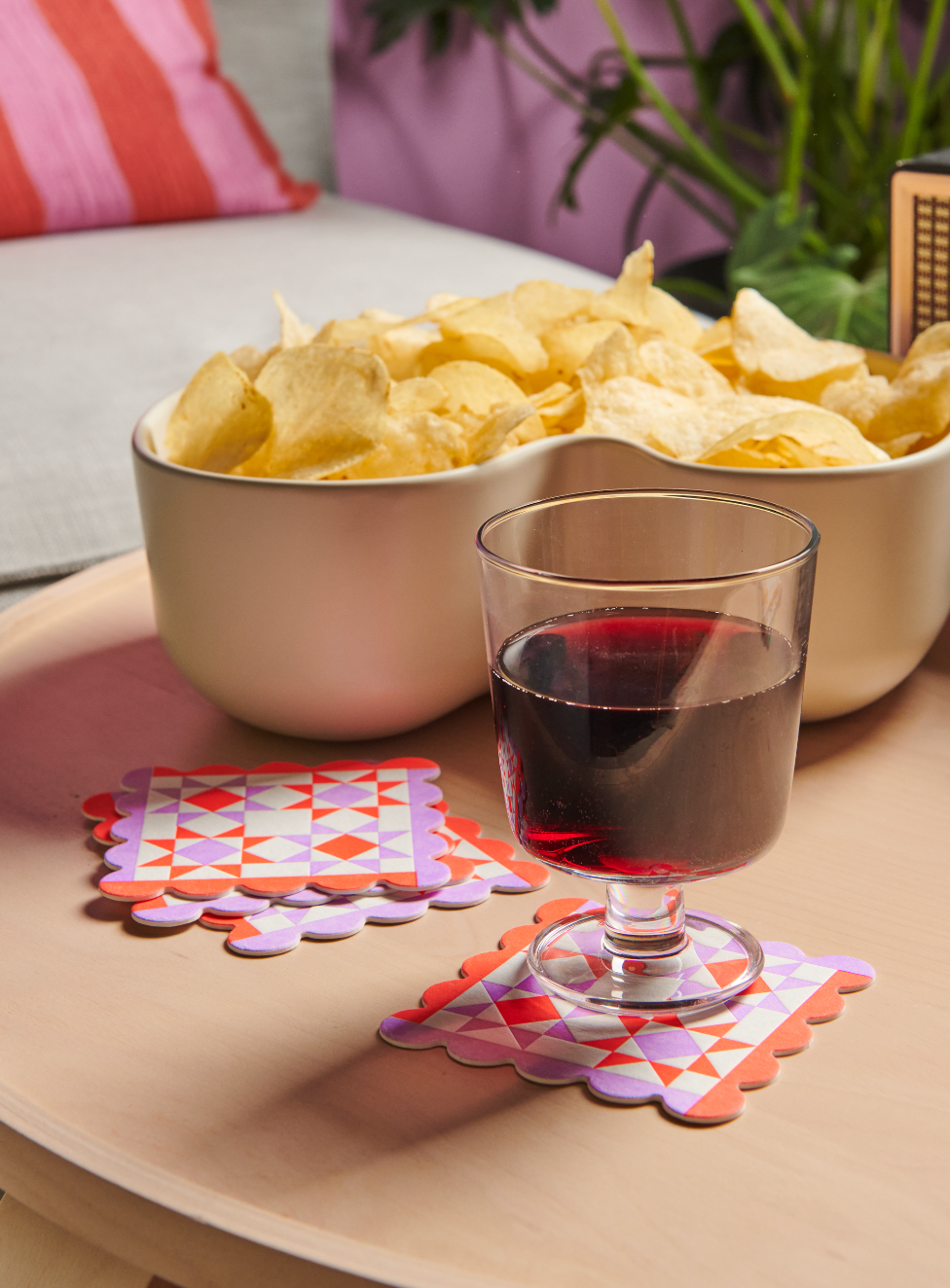 Mod Quilt Scalloped Letterpress Vellum Coasters - Red/Lilac (Set of 4)