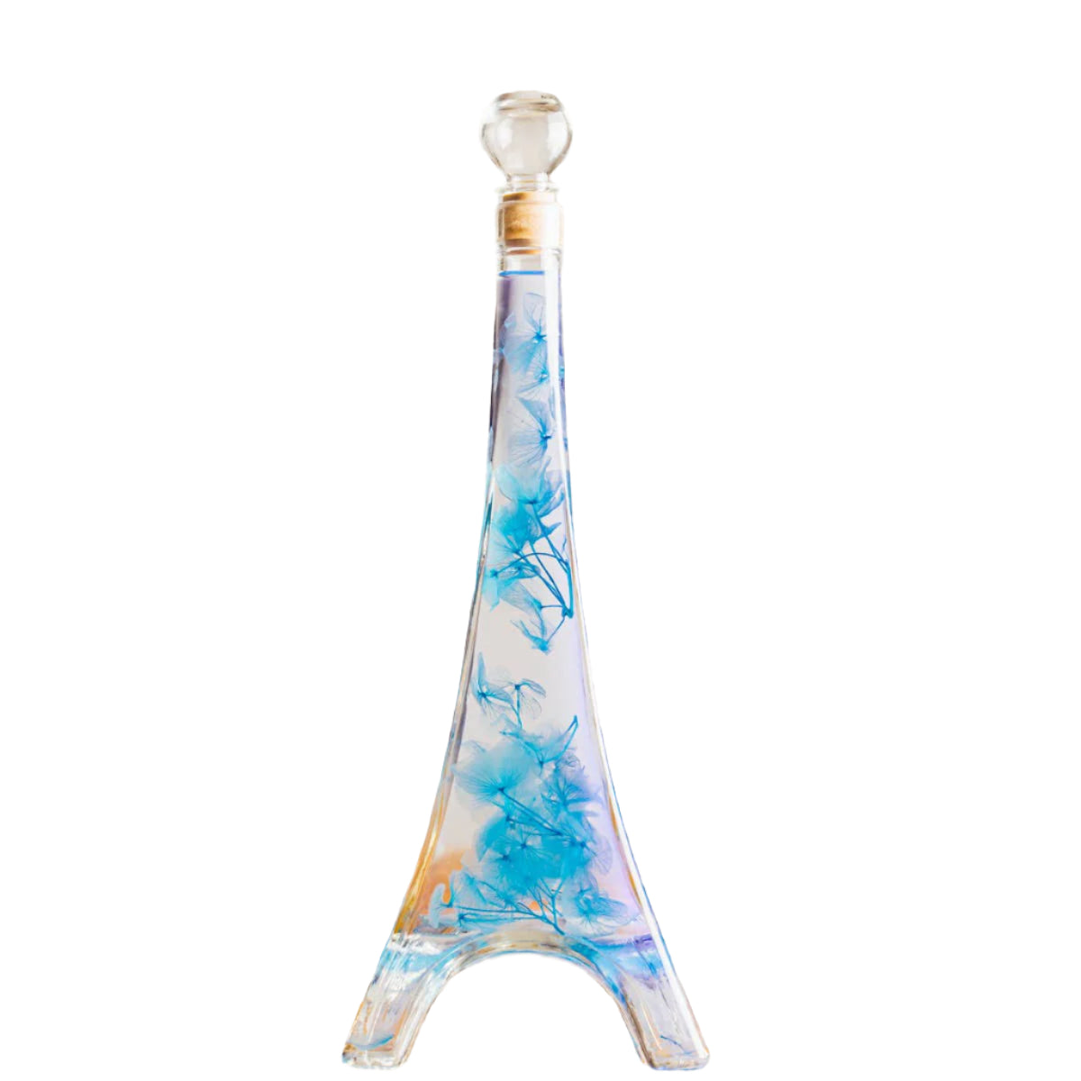 Decorative glass bottle in the shape of the Eiffel tower with blue floral design