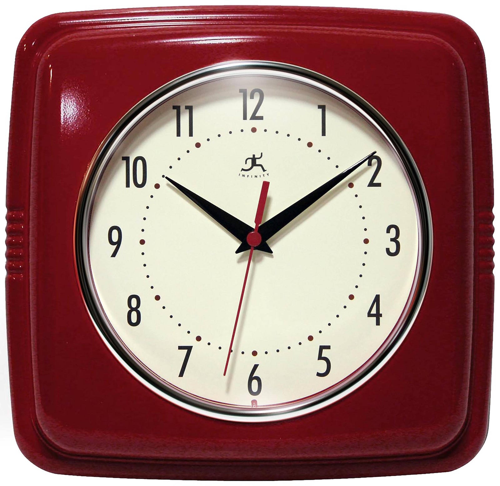 Red wall clock with a white face and black hands on a white background