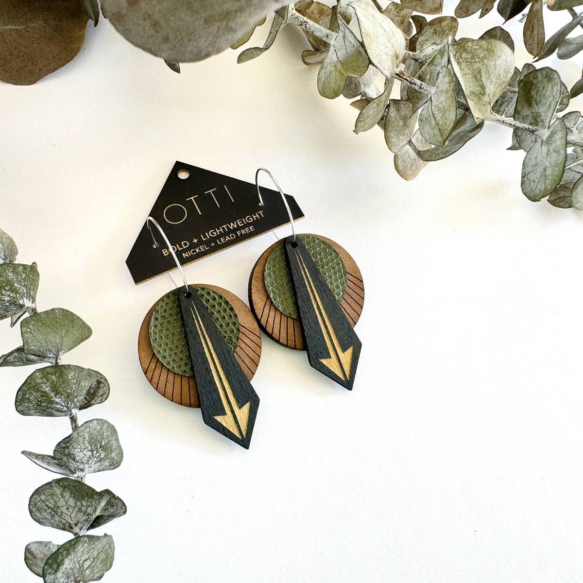 Architectural Leather + Birch earring: Arrow Walnut Olive