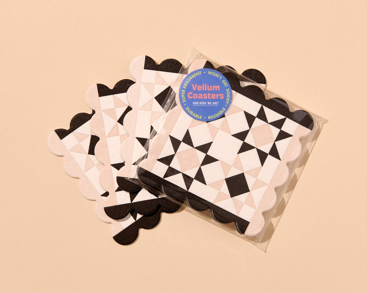 Mod Quilt Scalloped Letterpress Vellum Coasters - Black/Taupe (Set of 4)