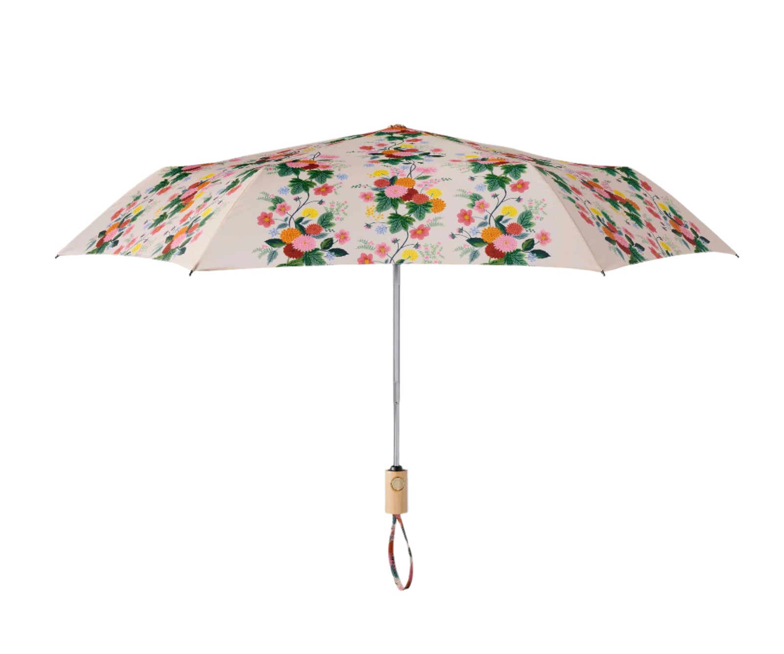 Floral-patterned umbrella with wood handle on a white background