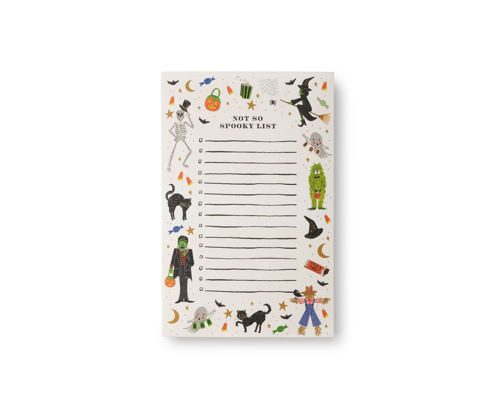 Halloween-themed notepad with illustrations and text on a white background