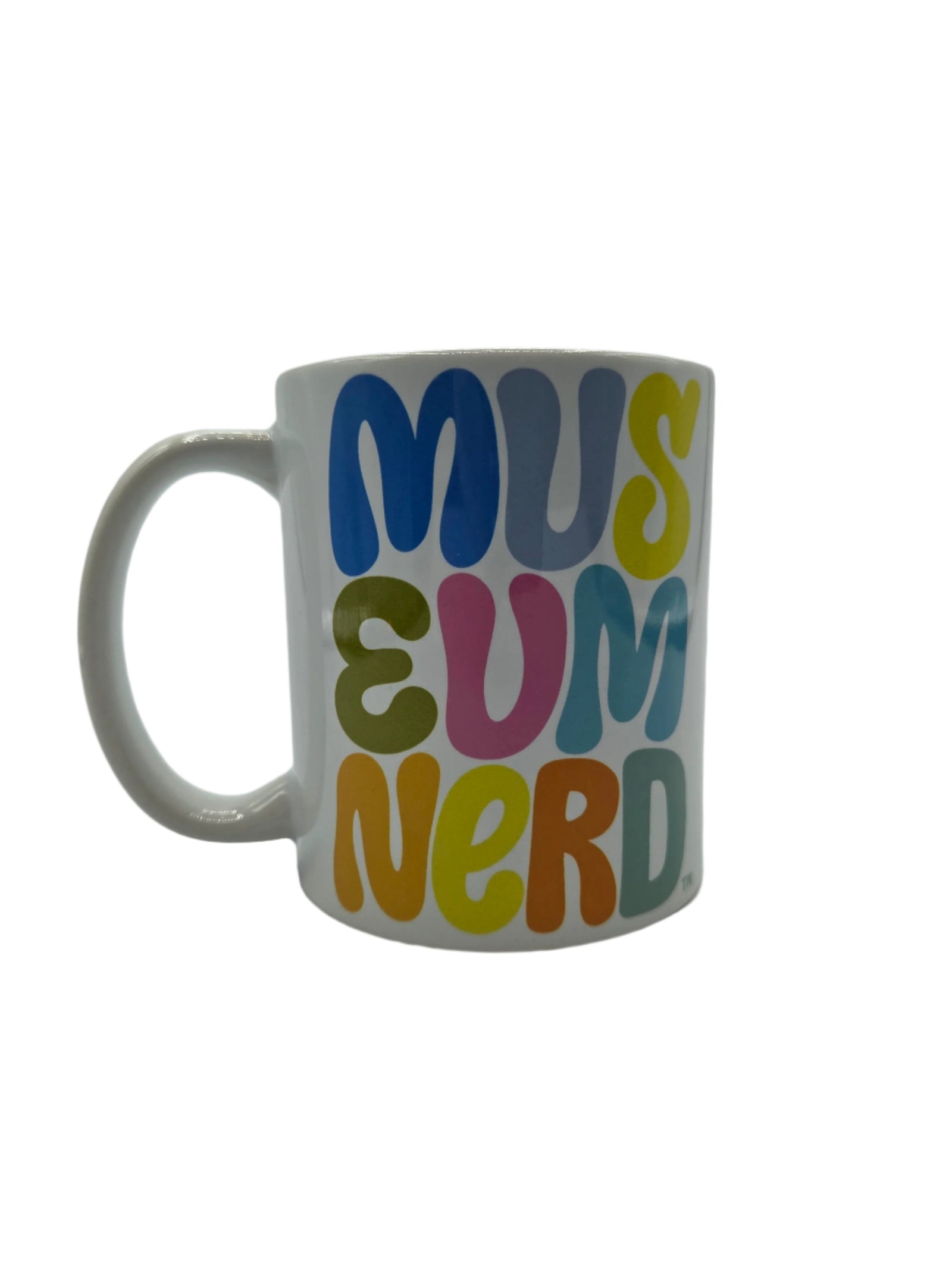 White mug with Museum Nerd written in pastel colors