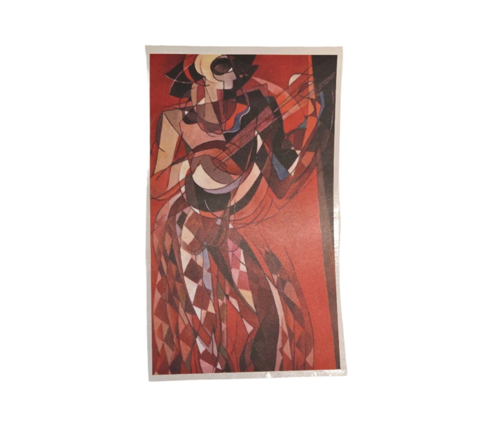 Abstract art print with geometric patterns on a red background