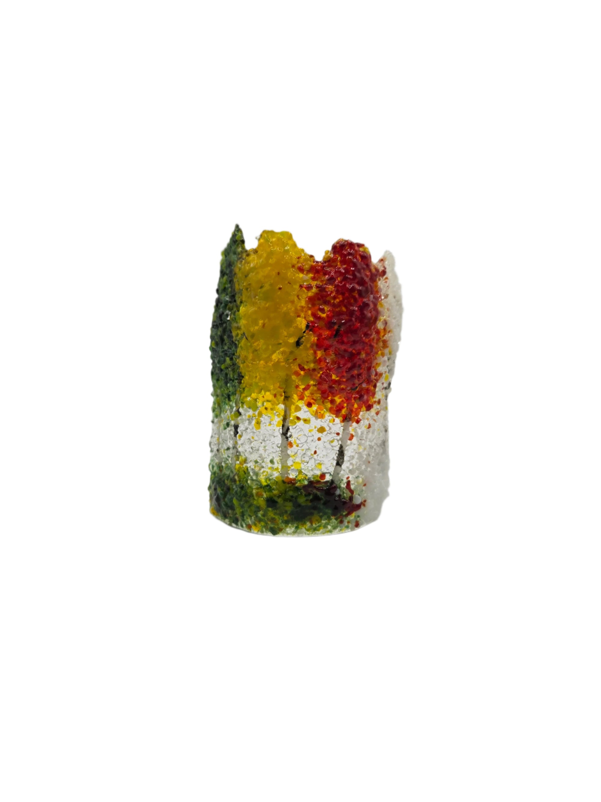 Decorative glass piece with green, yellow, red and white trees