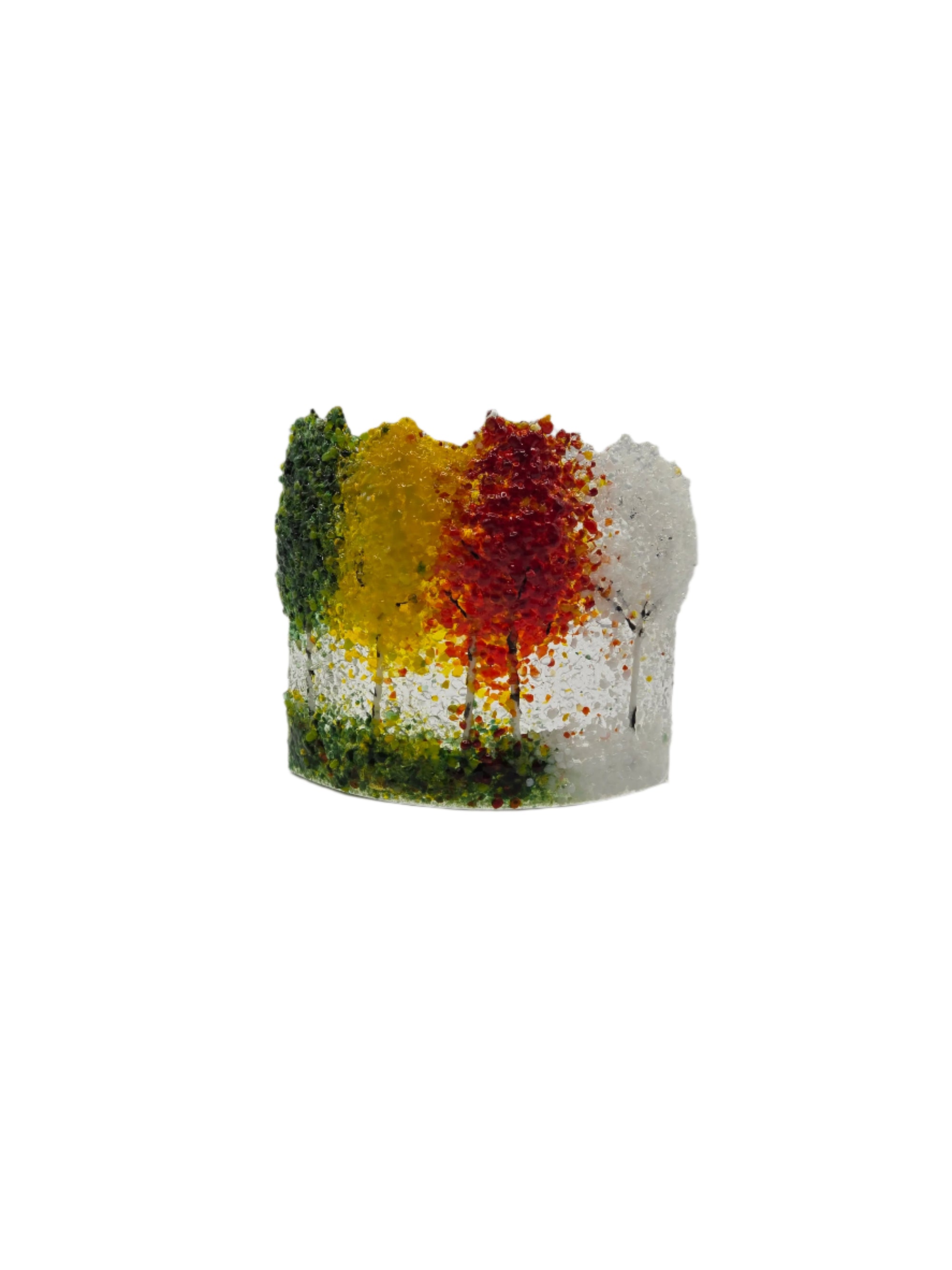 Decorative glass piece with green, yellow, red and white trees