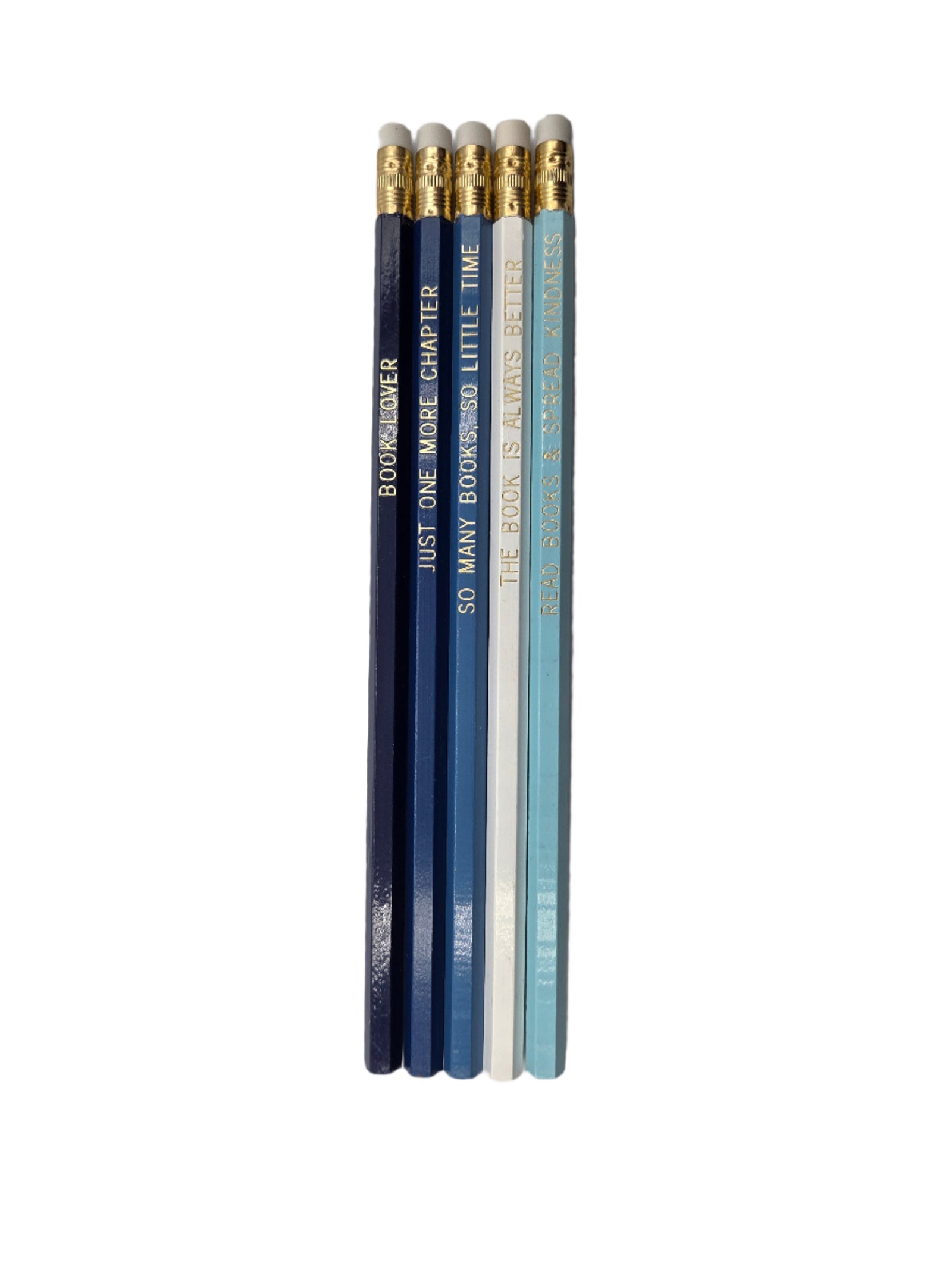 Set of pencils with motivational book text on a white background