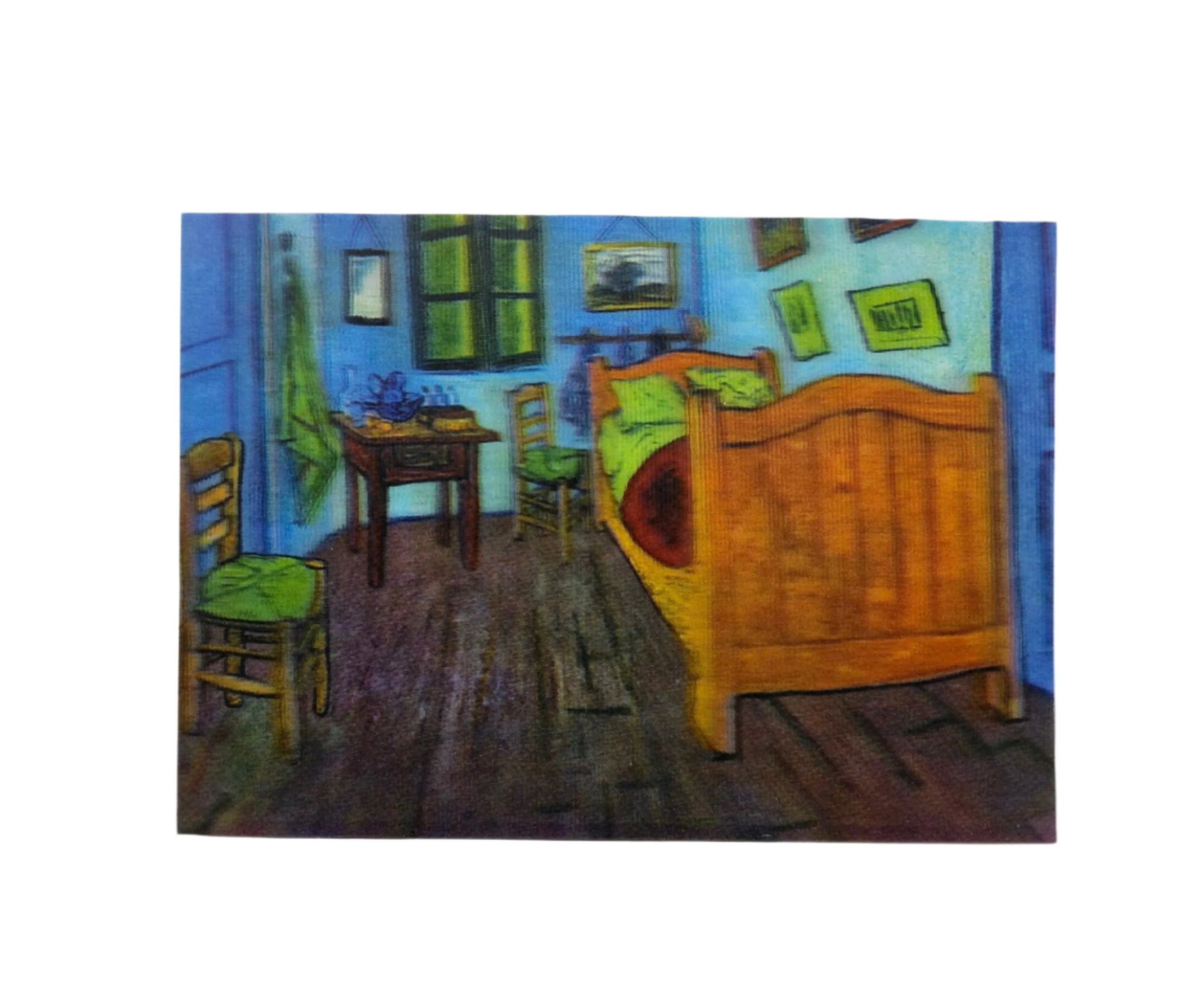 Painting of a bedroom interior with a bed, chairs, and a table.