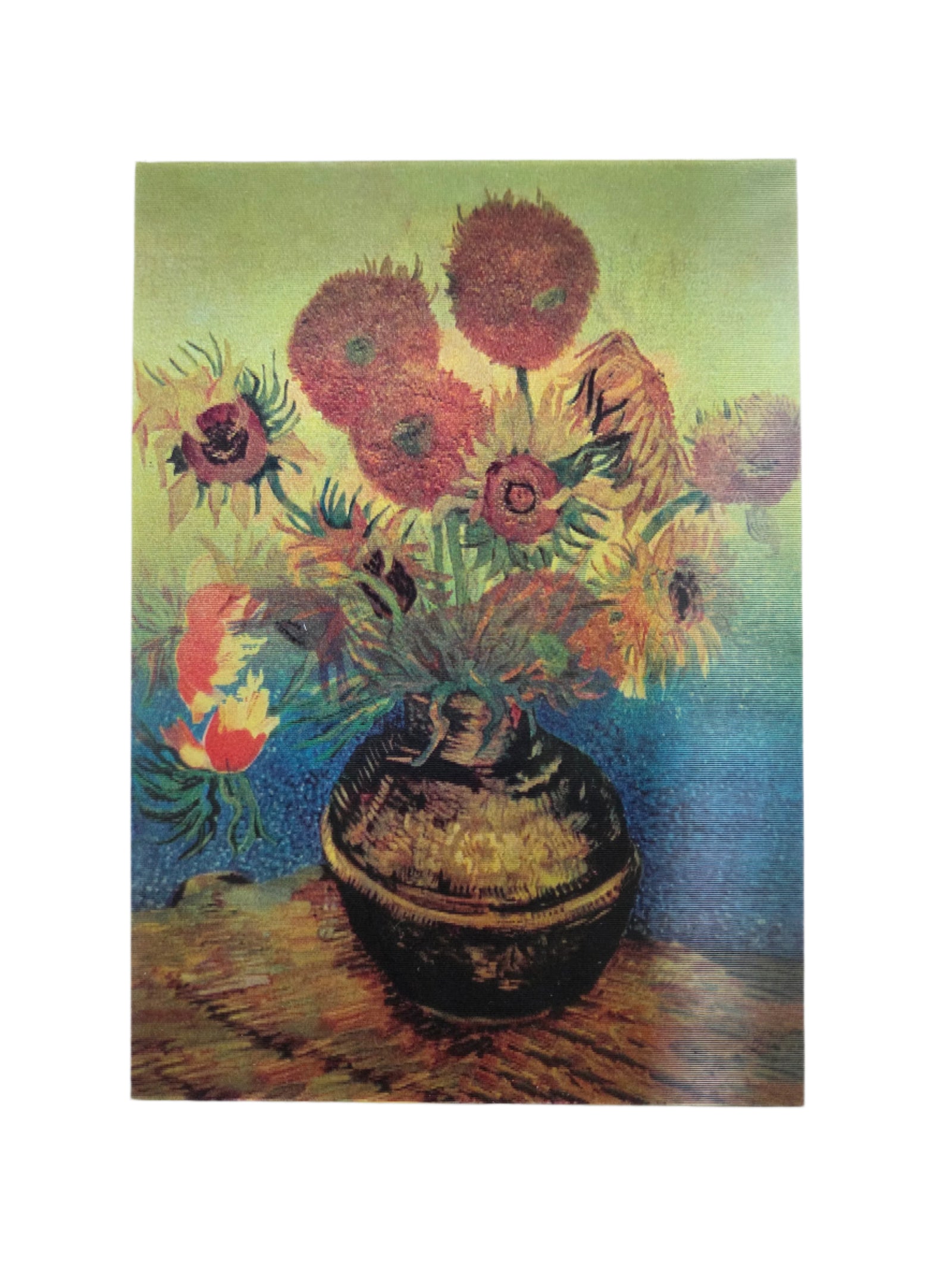 Artwork of Sunflowers in a vase with yellow and blue background