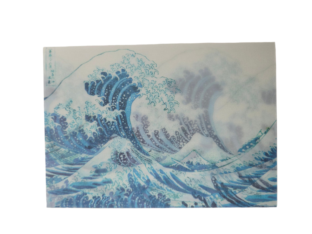 Famous artwork of a large wave with swirling water patterns.