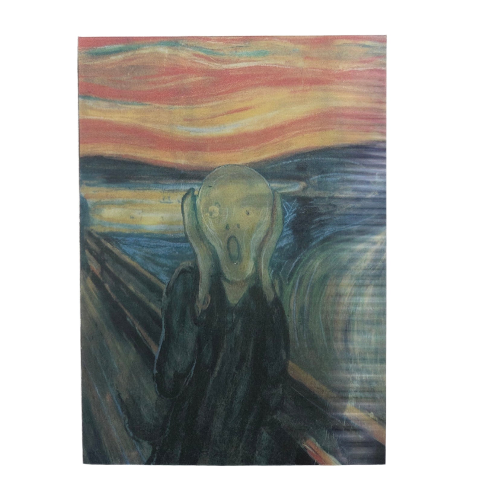 Artistic depiction of a screaming figure with a colorful background on a white surface