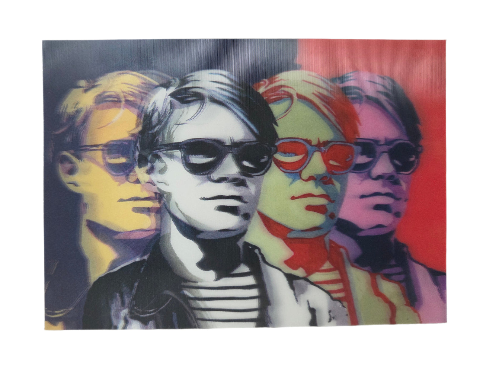 Colorful graphic of a person with sunglasses and multiple faces in the background