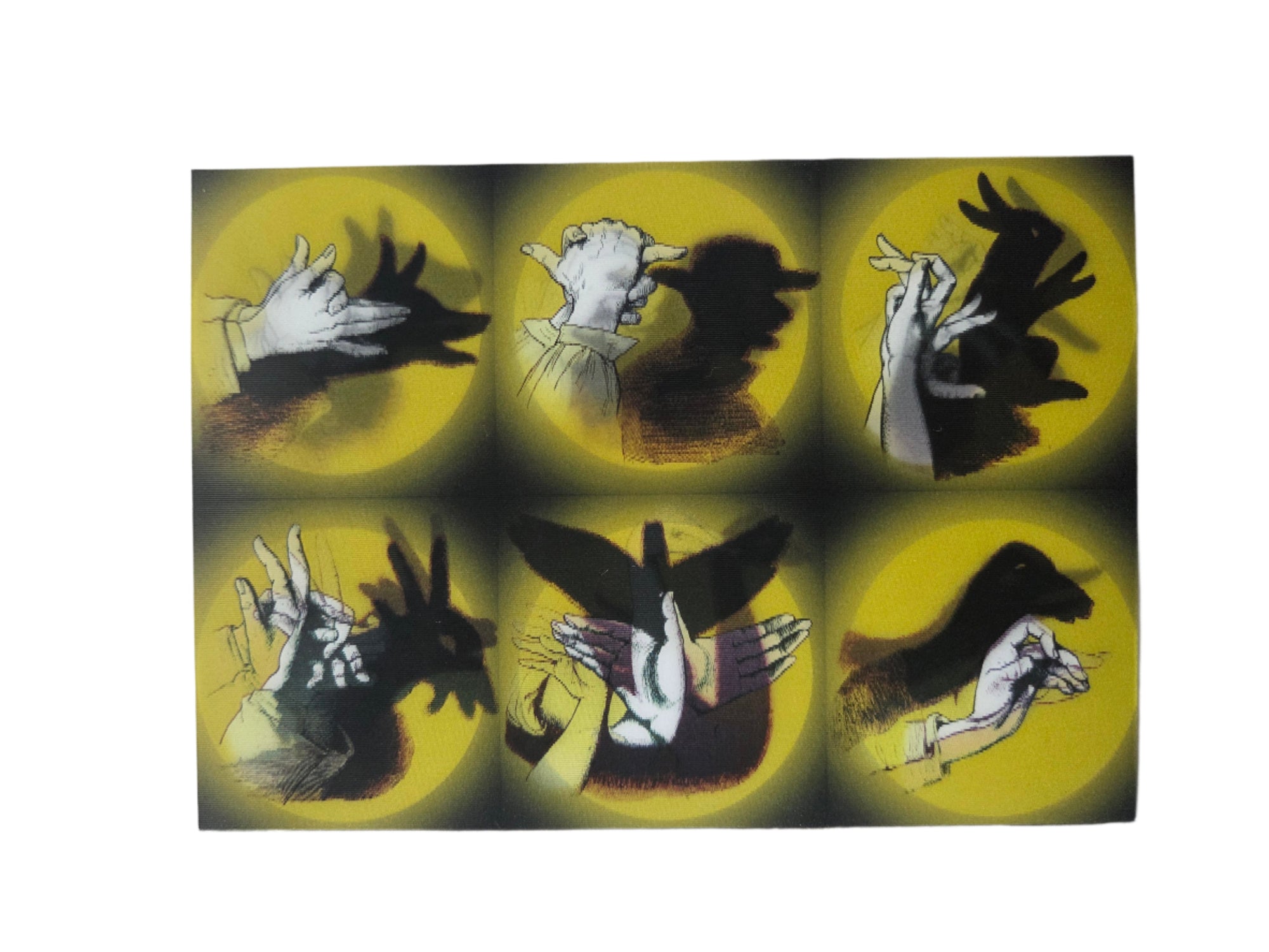Artistic depiction of hands and shadows on a yellow background