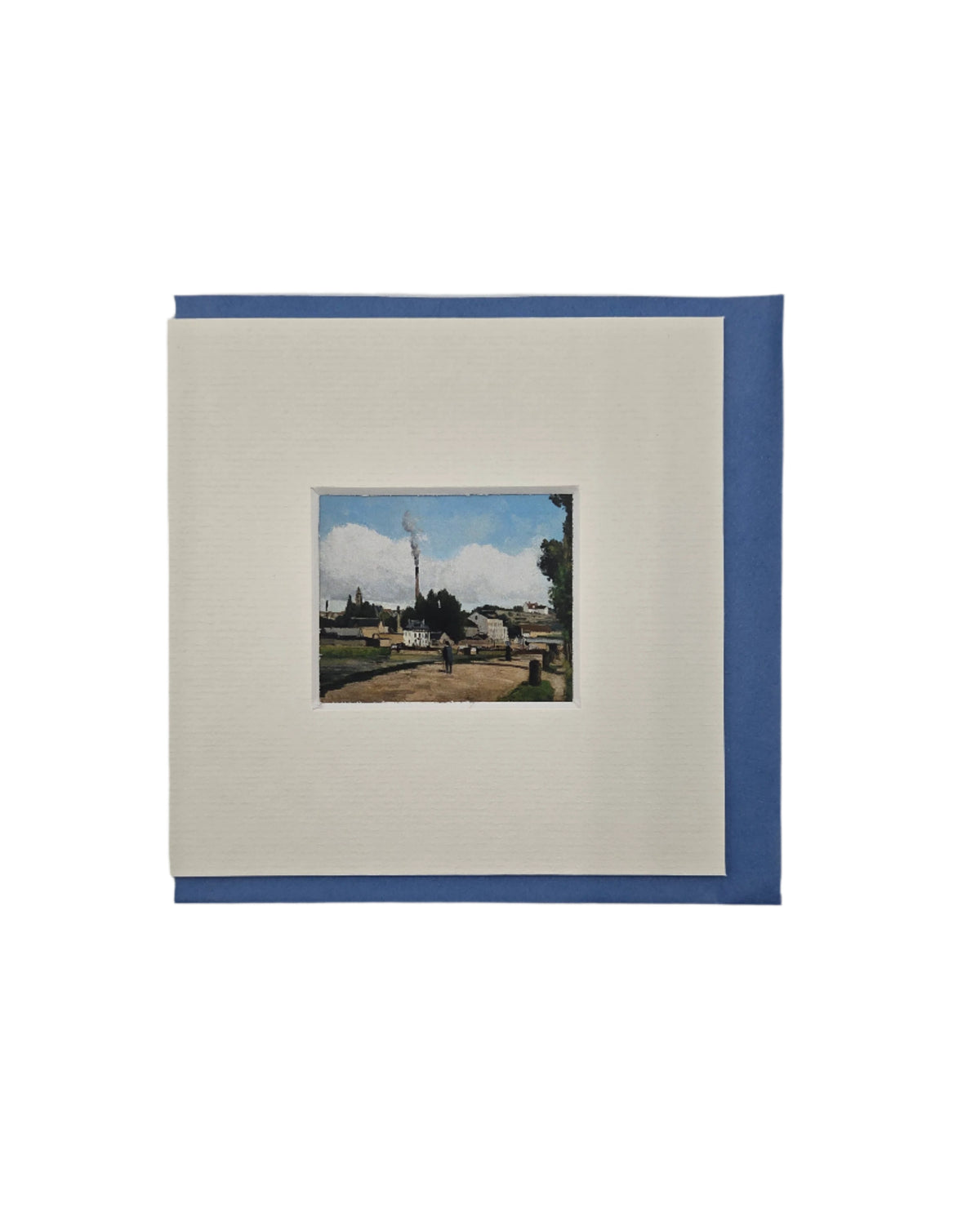 Framed artwork notecard with Pissarro&#39;s landscape painting with a blue envelope