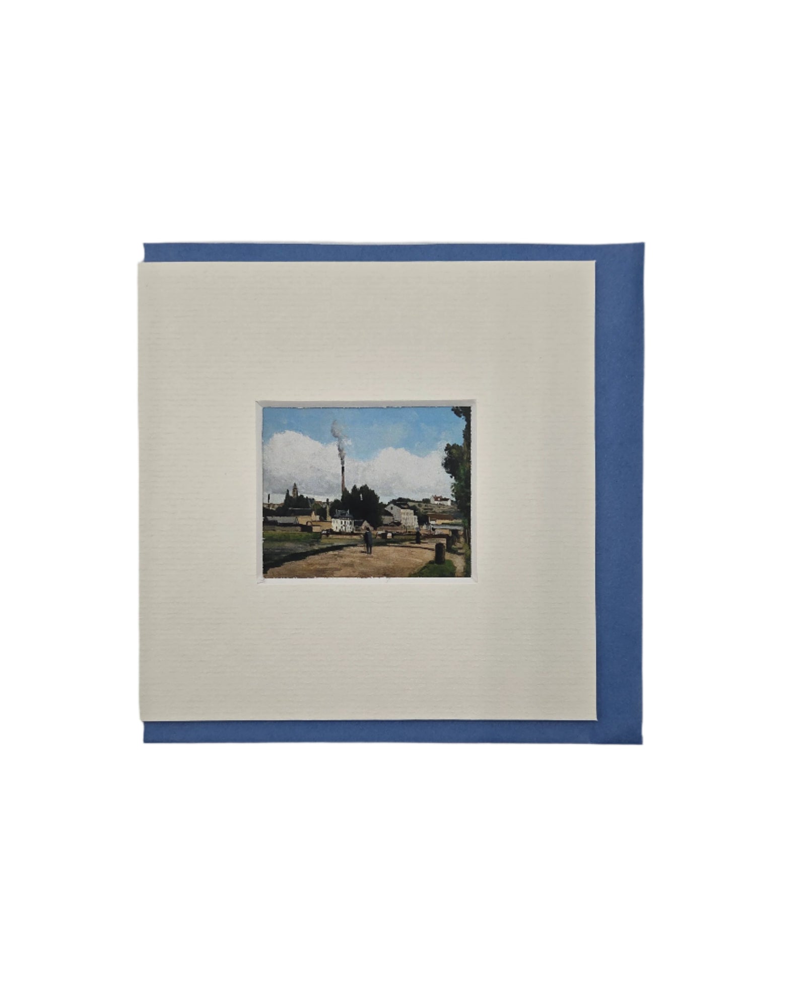 Framed artwork notecard with Pissarro's landscape painting with a blue envelope