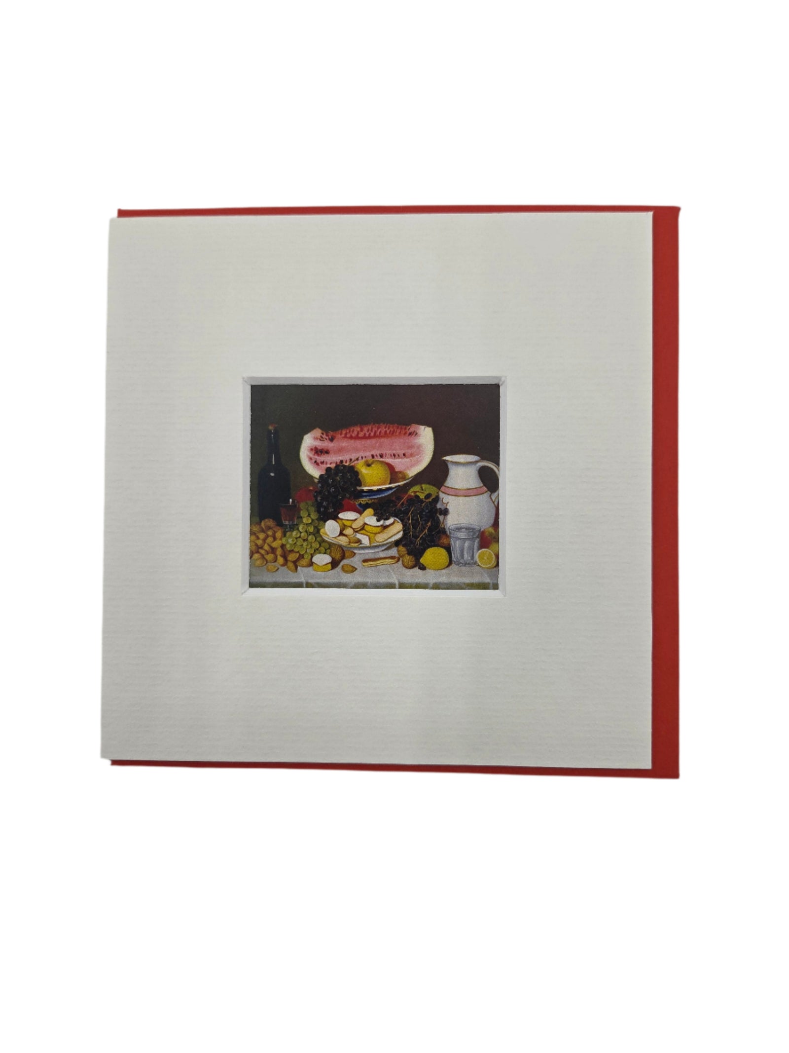 Matted and framed artwork notecard with a still life painting and a red envelope
