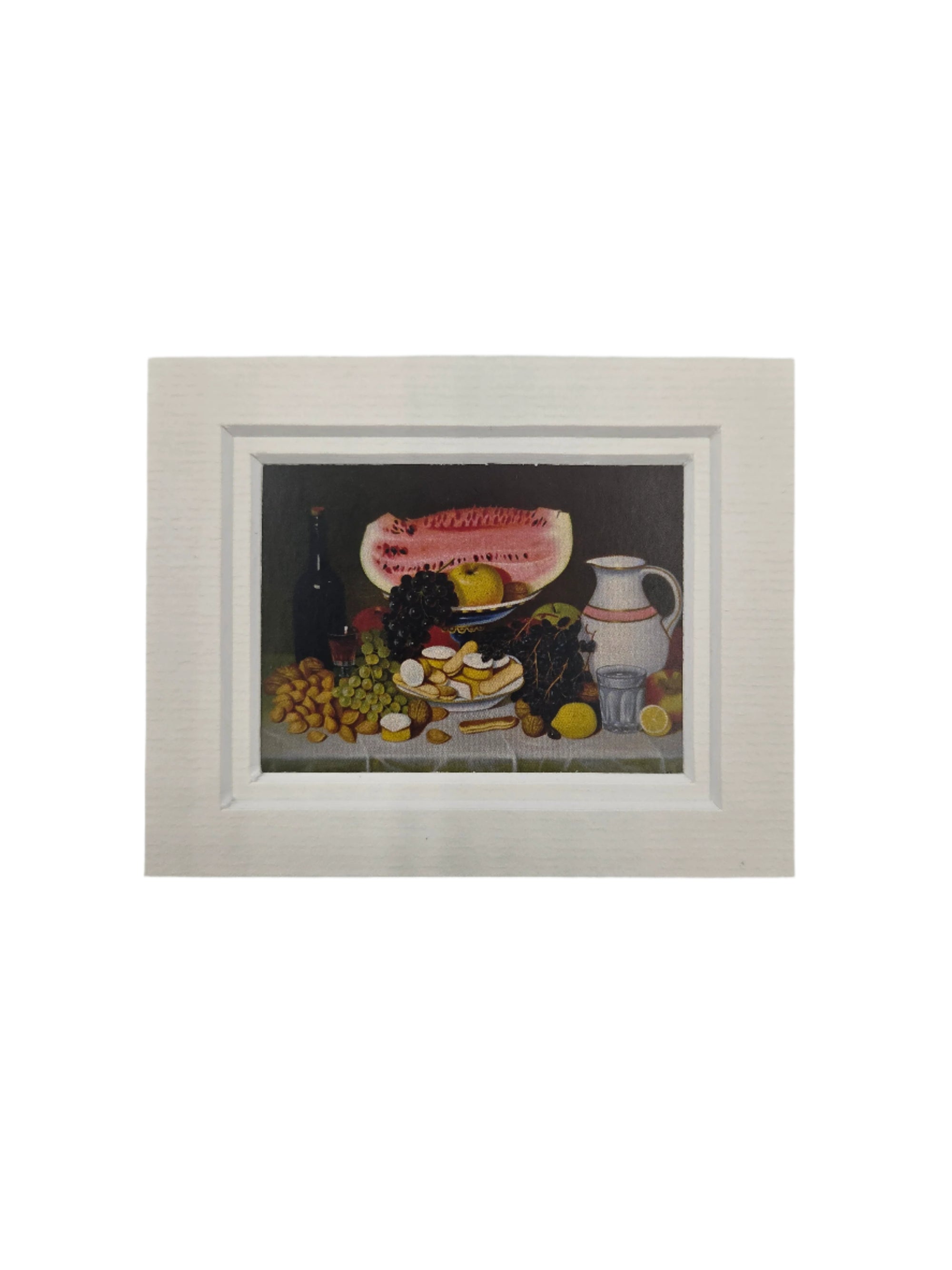 Framed artwork magnet of a still life scene with fruits.